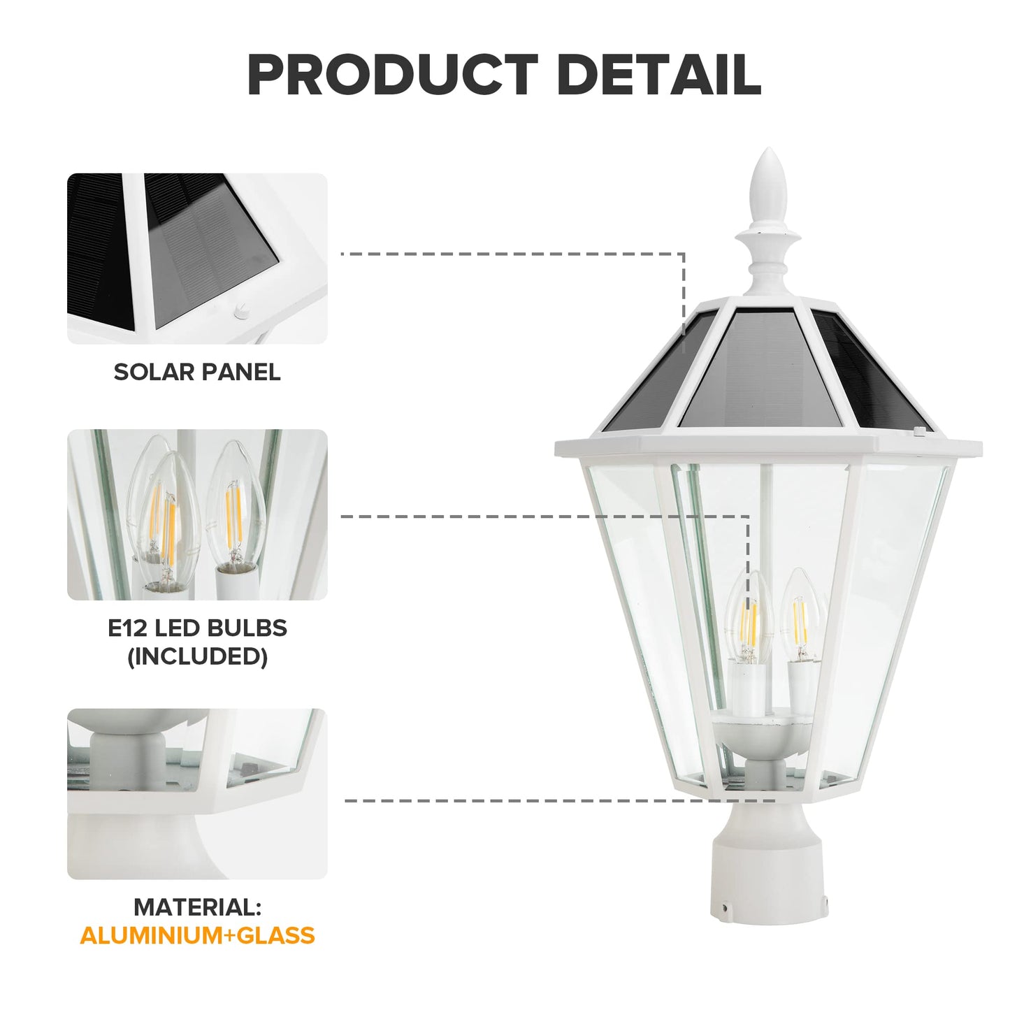 LUTEC LED Post Solar Light Outdoor, Vintage Design, 300LM, 2700K, Aluminum, Single Head, White, Model 6951302053