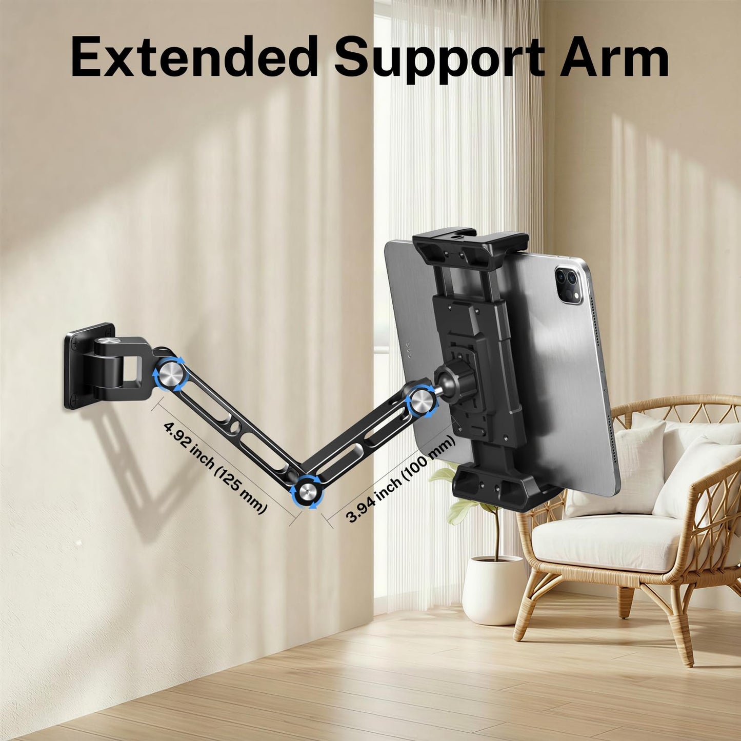 OHLPRO Tablet Wall Mount Holder for iPad, Aluminum Foldable Arm with 360° Rotating Base, Adjustable Clamp for 5-13" Tablets & Phones, Metal Screw Mount for Kitchen, Office, Gym - 9.6" Aluminum Arm
