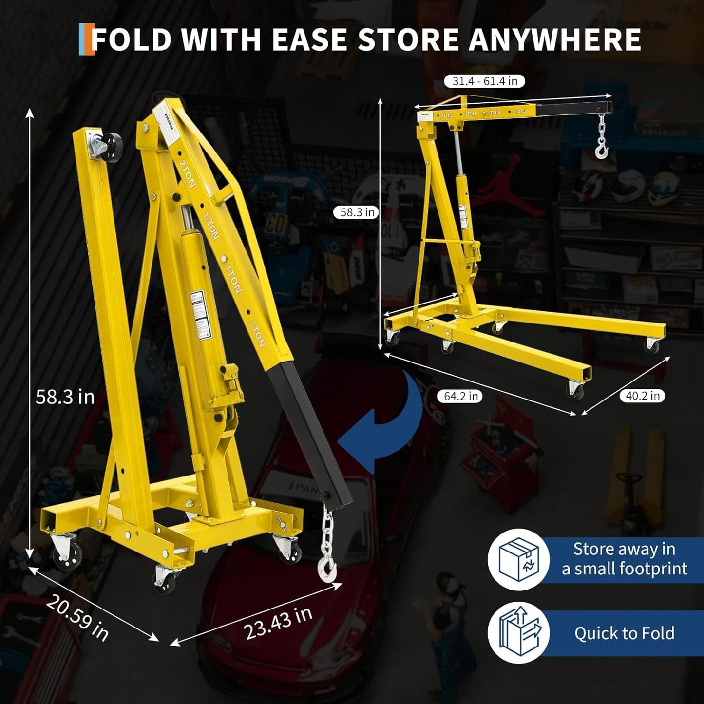 2 Ton Folding Hydraulic Engine Hoist with 59 in Load Leveler 4400 LBS Capacity Heavy Duty Cherry Picker 6 Swivel Wheels,Engine Support Bar 1100 LBS Capacity for Garage Workshop Warehouse Yellow