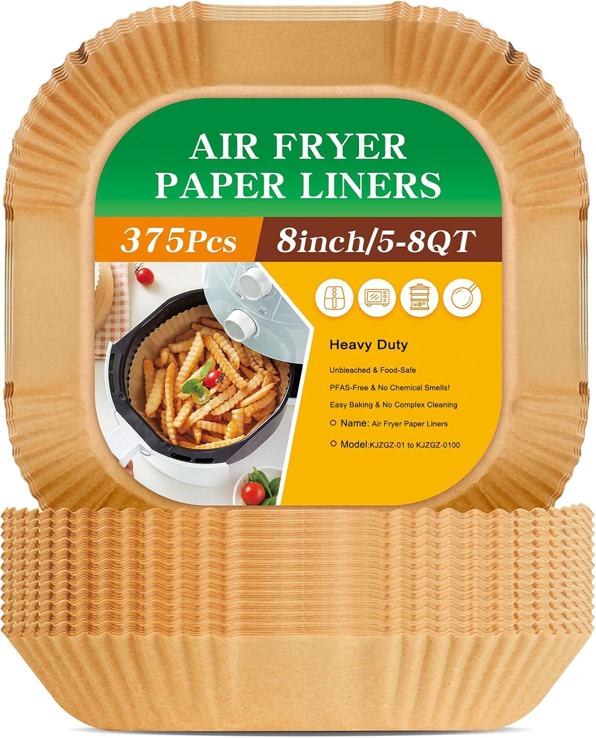 Skiennix Air Fryer Paper Liners - 375 Pcs Heavy-Duty Non-Stick Parchment for 5-8 Qt Air Fryers | 8" Square Size