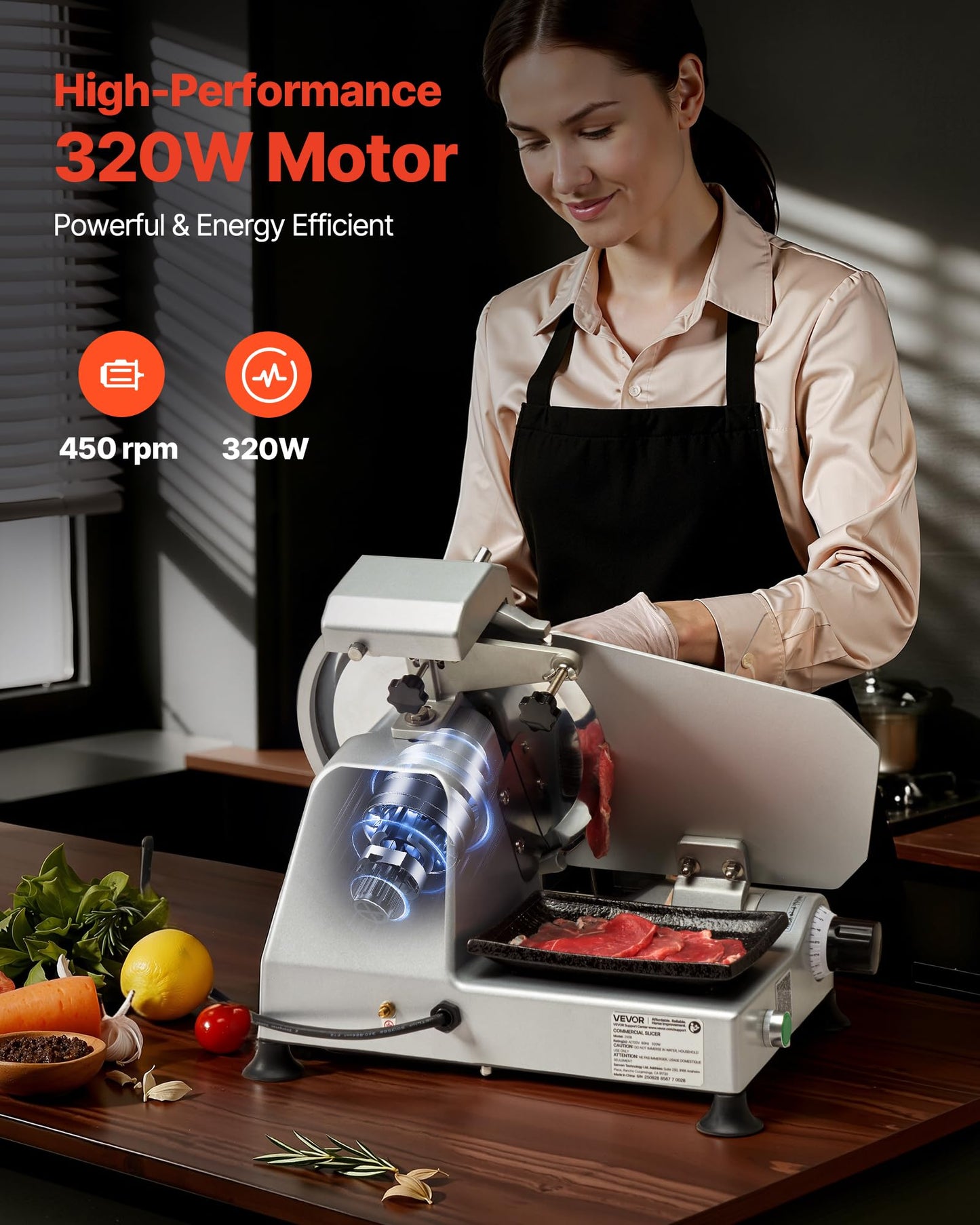 VEVOR Commercial Meat Slicer, 320W Electric Deli Slicer Machine with 10 inch SUS420 Blade, 0-0.4 inch Adjustable Thickness, for Frozen Meat, Ham, Baguett, Steak