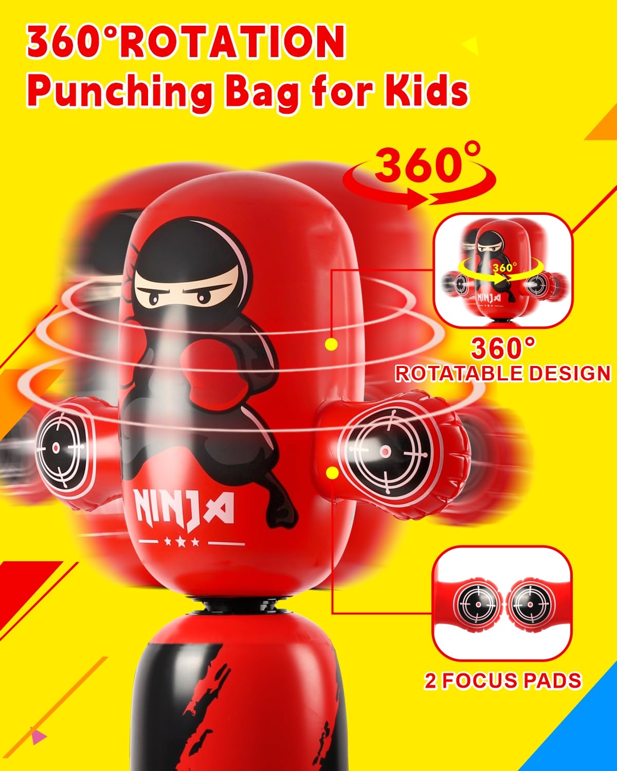 VCOLAN Punching Bag for Kids,63inch Kid Punching Bag,New Upgraded 360°Rotating Inflatable Boxing Bag Ninja Toy Christmas Birthday Gift for Boys Age 3-12