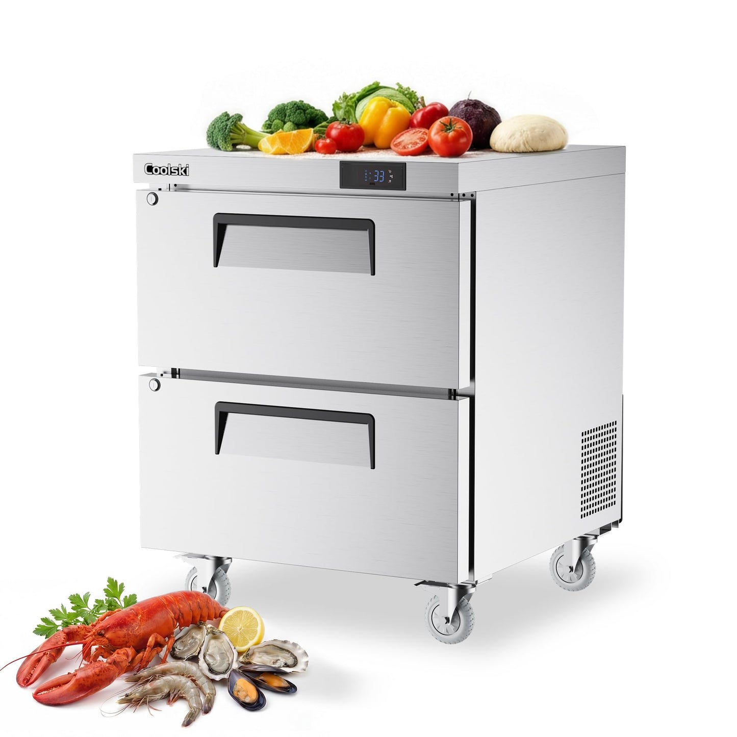 Coolski 27”W Commercial Undercounter Refrigerator with Drawers, 5.2 Cu.ft. Freestanding Stainless Steel with 6 Pans, 2 Drawers Under Counter Worktop Fridge for Restaurant, Bar, Shop, Kitchen Use