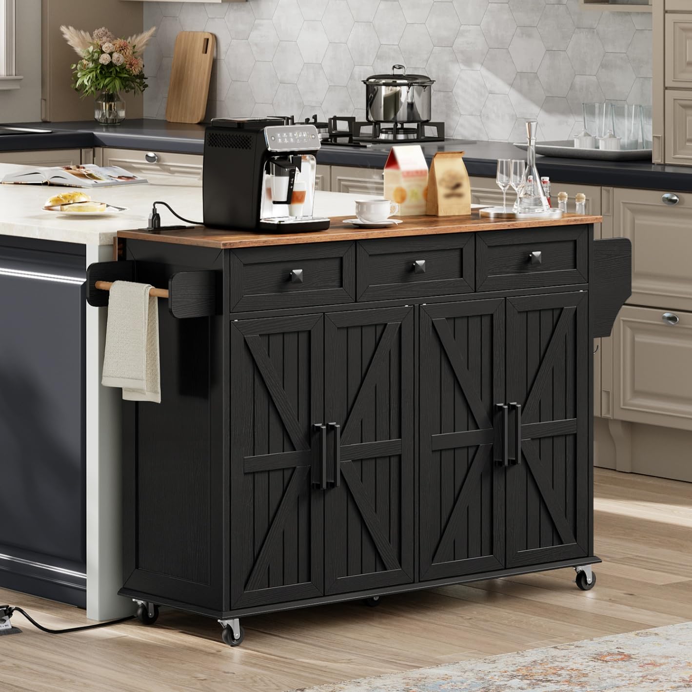 RALGEND Kitchen Island with Drop Leaf & Power Outlet, Rolling Kitchen Island Cart On Wheels, Barn Door Kitchen Island Table with Storage, Island Table for Kitchen, Black and Rustic Brown