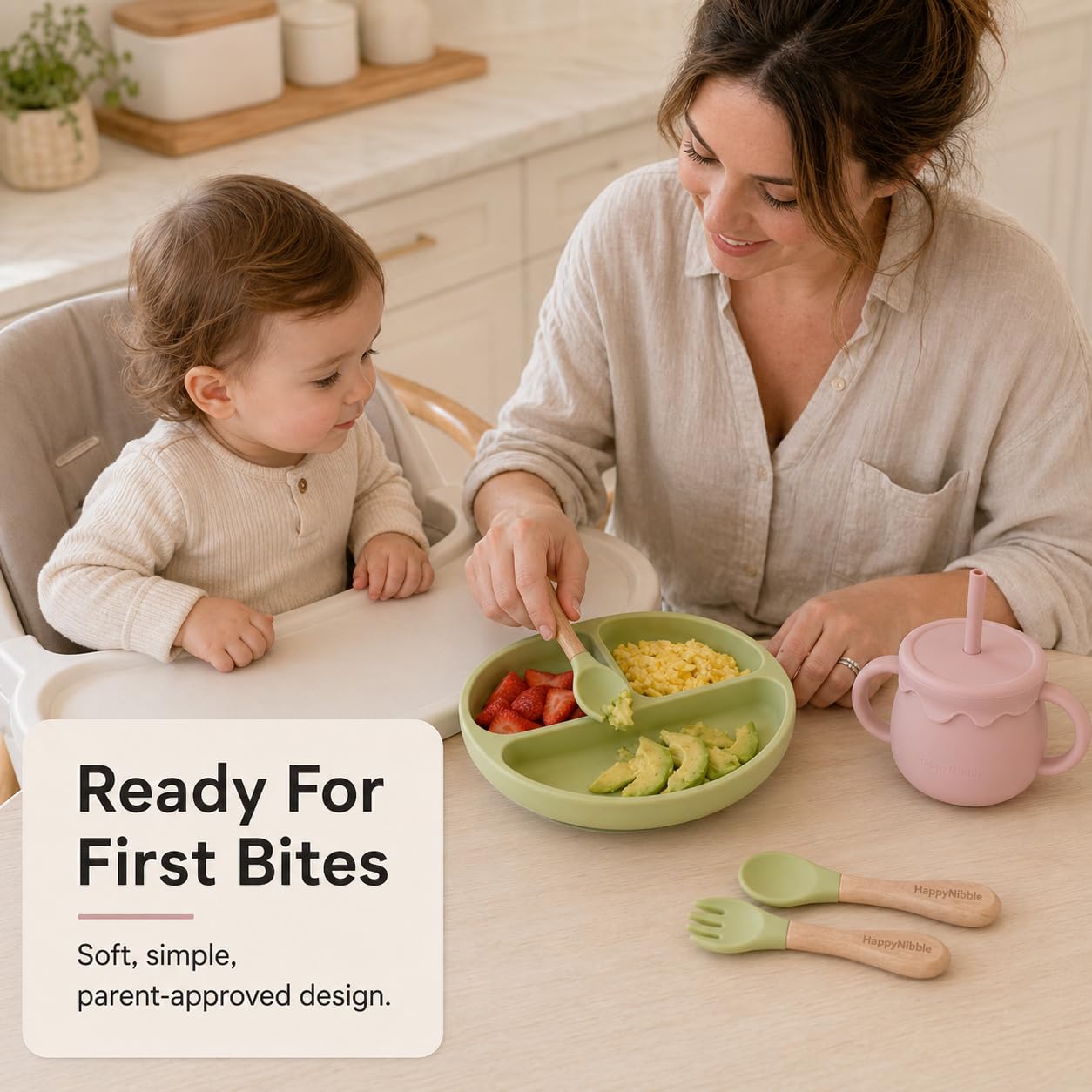 HappyNibble Baby Led Weaning Silicone Feeding Set, 2 Pack - Divided Suction Plates with Lids, 2-in-1 Sippy Cups, Spoons & Forks for Babies 6-36 Months, First Foods Shower Gift, BPA Free