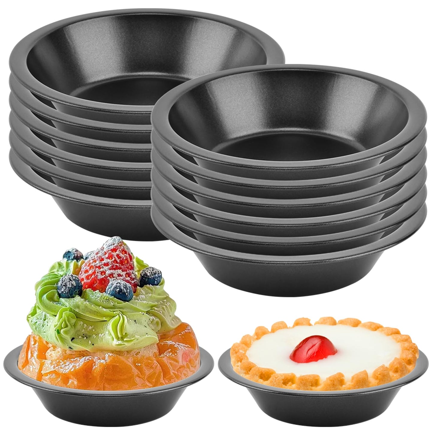 Loyanger 12 Pcs Mini Pie Pans,5 Inch NonStick Individual Dish Pie Plate Reusable Round Tins Small Bakeware for Baking Pot Pies, Cakes, Quiches, Tarts, Desserts(COLOR:Black)