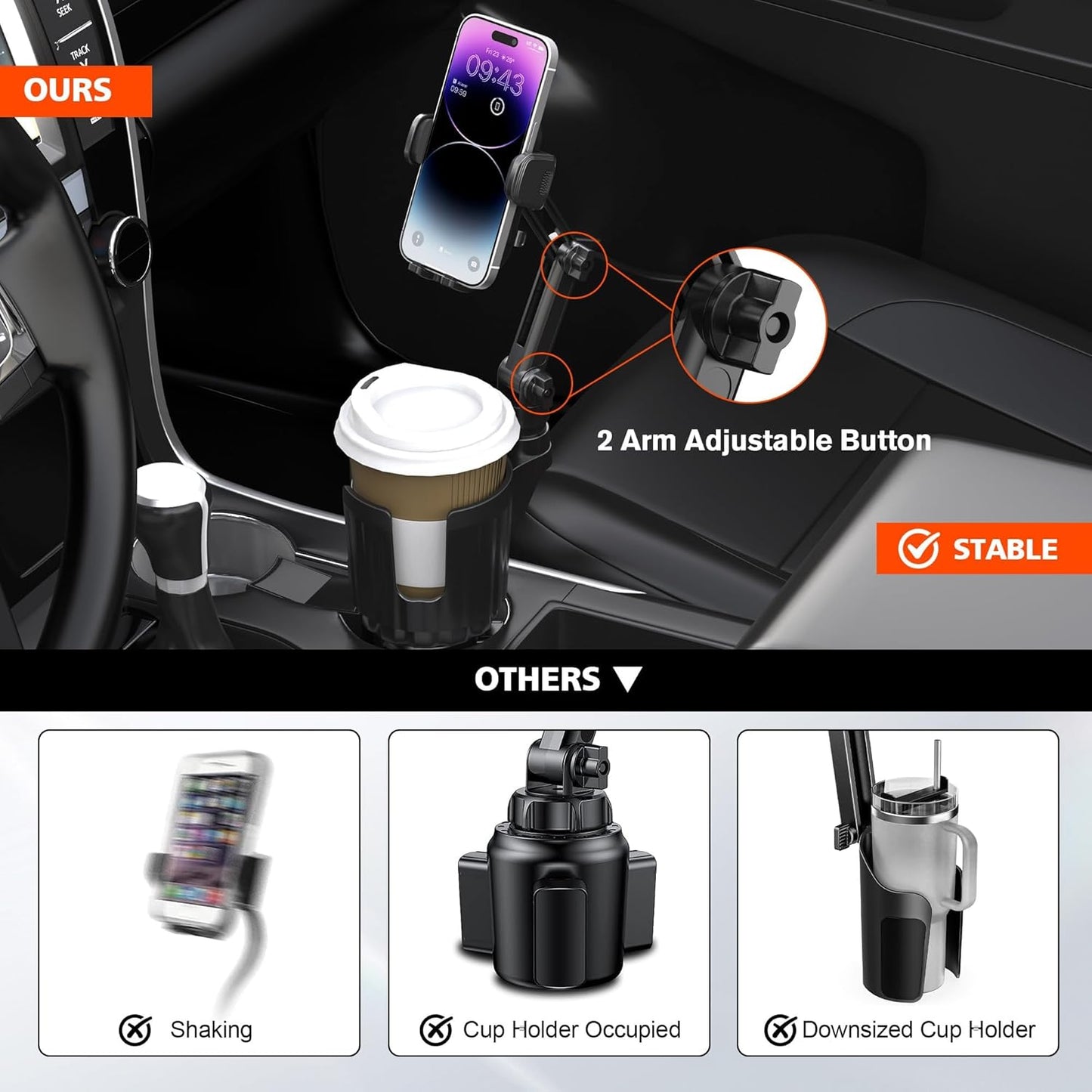 2 Pack 2 1 360 4-7 Newlest in Phone Mount for Car Cup Holder with Adjustable Base, Phone Holders for Car Cupholder, No