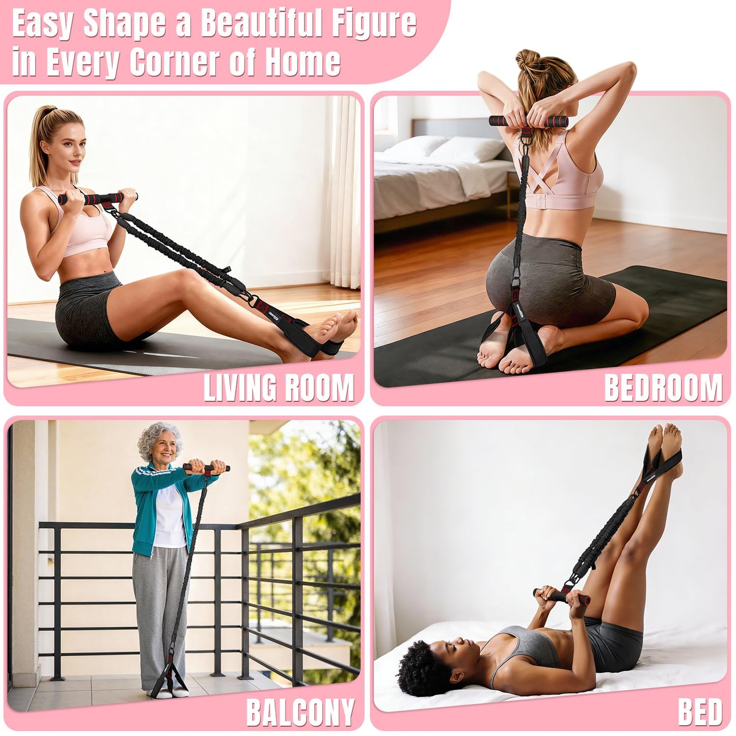 KUZARO Upgraded Multifunction Pedal Resistance Band with Handle, 3 Tube Adjustable Resistance Bands for Abdomen, Waist, Arm, Core/ABS, Leg Workout - Sit Up Exercise Equipment for Women Men
