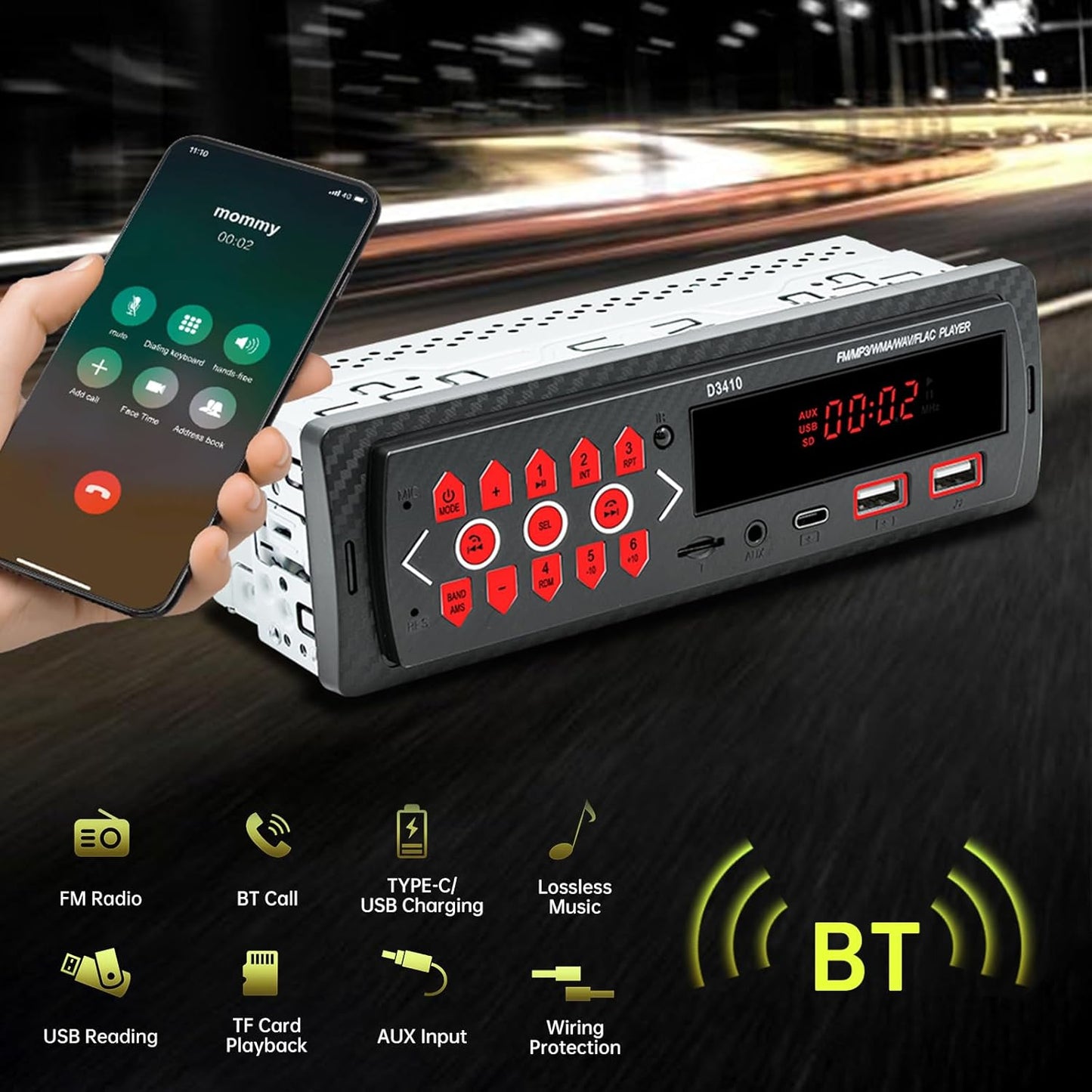 ePathChina 12V MP3 FM/MP3/WMA/FLAC/AUX/TF Car Audio Bluetooth Single DIN Stereo, LED Car Radio Player with Hands-Free