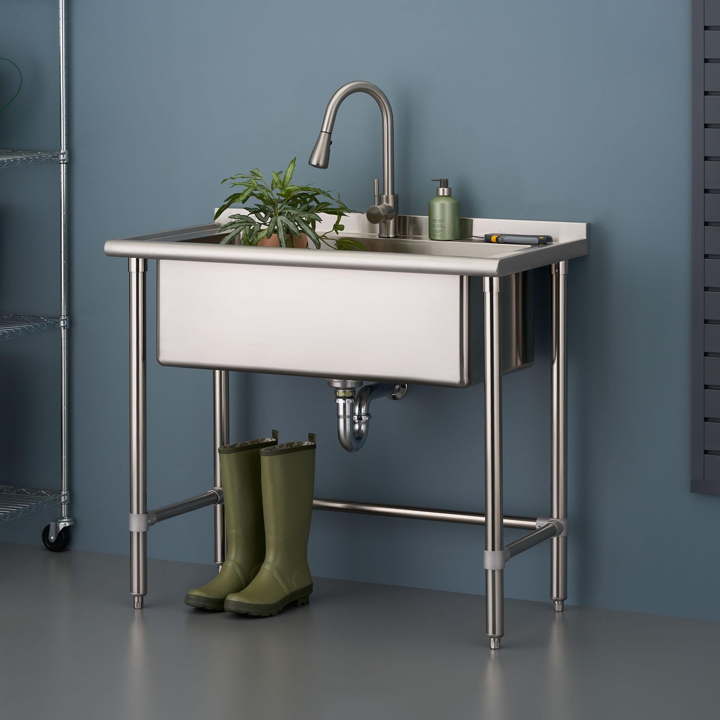 NEAT by TRINITY EcoStorage Stainless Steel Utility Sink, Oversized Freestanding Single Bowl Utility Sink, Pull-Out Faucet, Garage, Laundry Room, Business, NSF Certified, 40"W x 22"D x 50"H (NHA-0319)