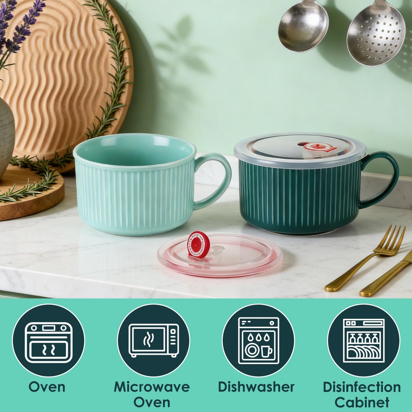 ASelected 2PCS Soup Bowls with Handles, 3.6×7.1Inch Ceramic Bowl with Lid, Blue, Dark Green Soup Mugs with Handles, Microwave Soup Mug with Lid for Soup, Noodles, Oatmeal
