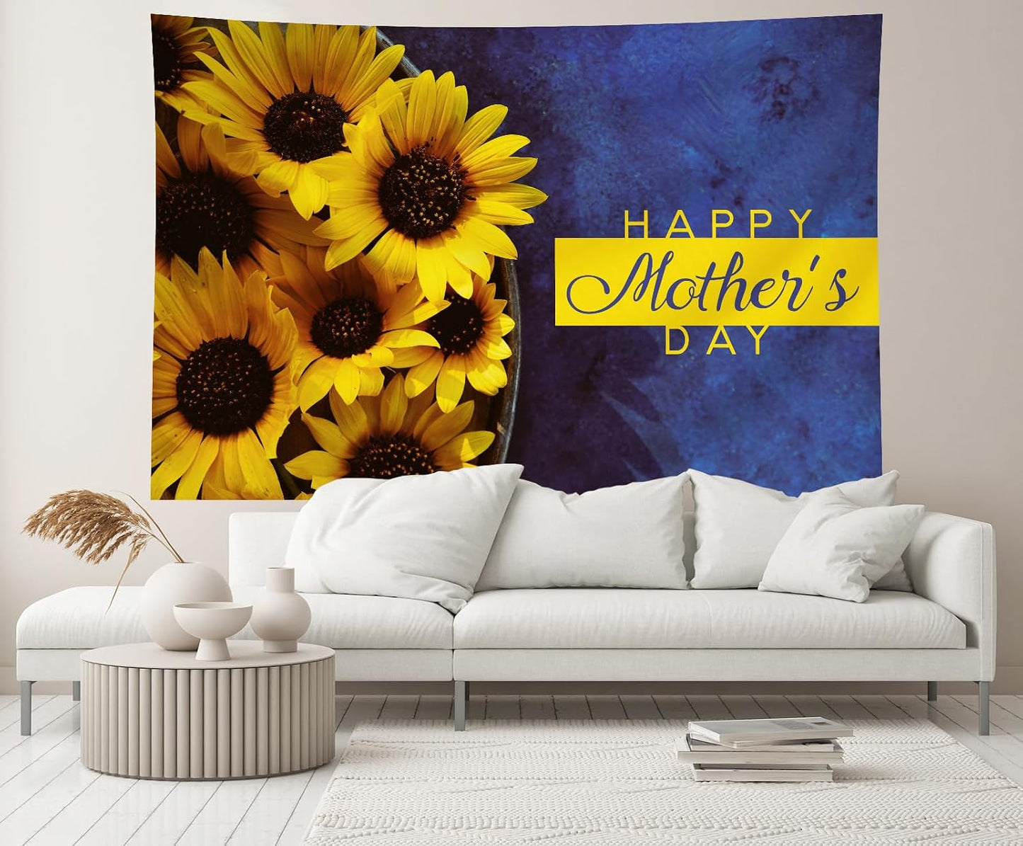 CHNYWORK 8ftx6ft Happy Mother's Day Backdrop Bouquet of Sunflowers with Happy Mother's Day Greeting Words on A Blue