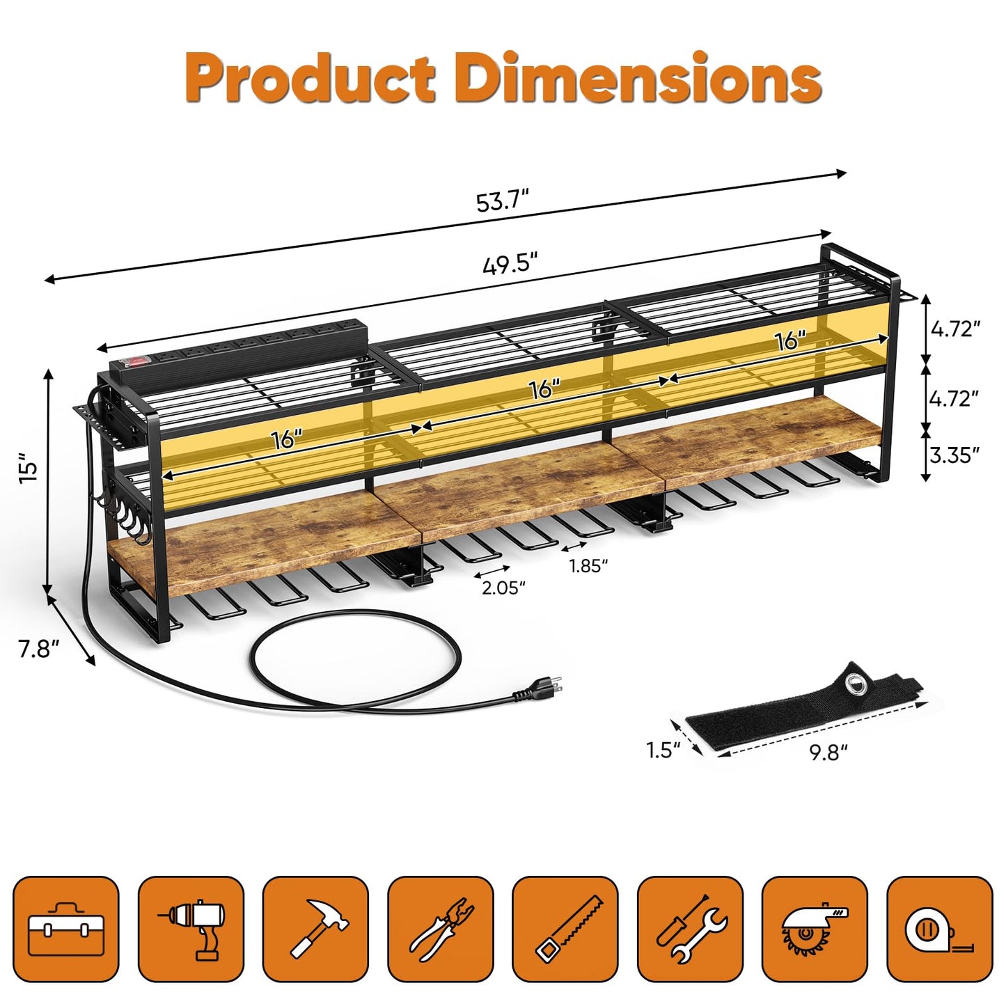 POKIPO 49.5" W Large Power Tool Organizer with Charging Station, 4 Layer Heavy Duty Utility Rack Loads 800lbs, Holds 12 Cordless Drills, Wall Mount Tool Shelf with 8-Outlet Power Strip, Gift for Men