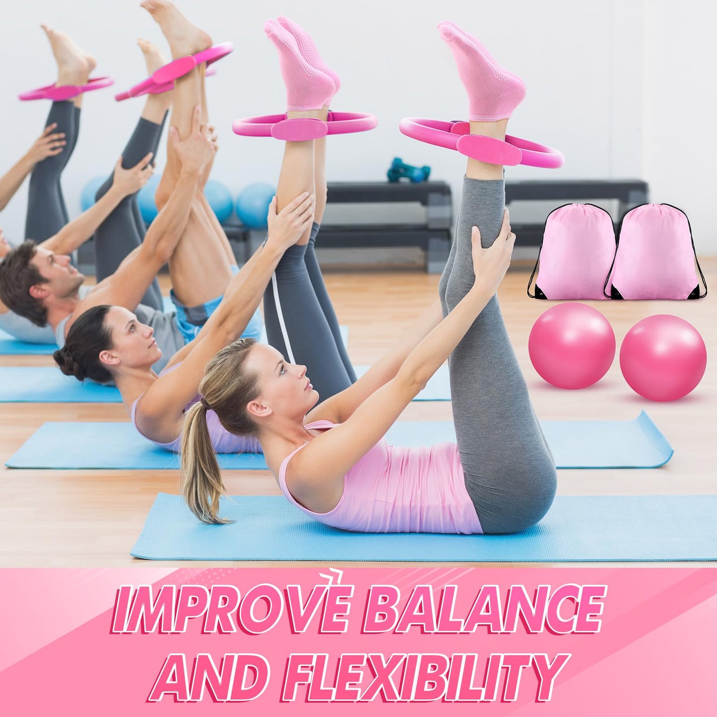 Poen 18 Pcs Home Pilates Ball and Ring Circle Set Yoga Fitness Essentials Kit with 5 Resistance Band Stretching Strap Non Slip Sock Ball Core Slider Wristband Headband Gym Bag for Women(Pink)