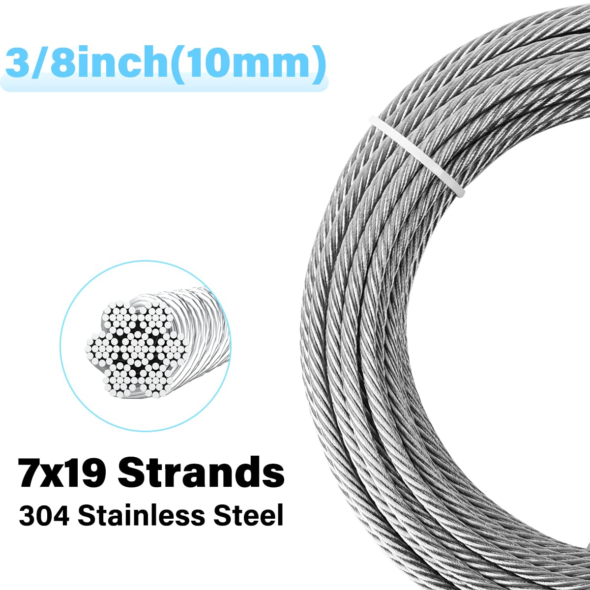 3/8” Stainless Steel Cable, 150ft 304 Stainless Steel Aircraft Cable with 12000lbs Breaking Strength, 7x19 Strands Wire Rope with Clamps & Thimble for Ziplines, Boat Lifts, Deck Railings, Winch Cable