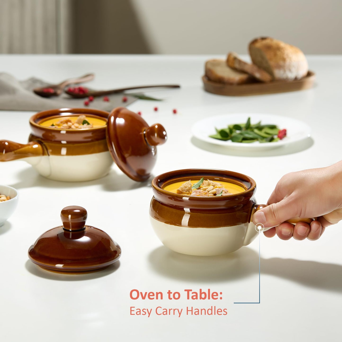 KooK French Onion Soup Crocks, Ceramic Bowls with Lids, Large Handles, Oven & Microwave Safe, Brown/White, Set of 4, 15 oz