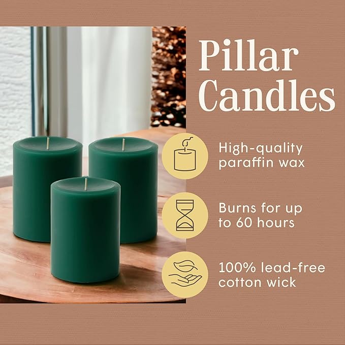 Mister Candle Dripless Unscented Pillar Candles, Set of 3 Hand Poured Solid Color Non-Scented Candles for Home Decor, Premium Wax, 60 Hr Burn Time - 3x4 Inch, Green