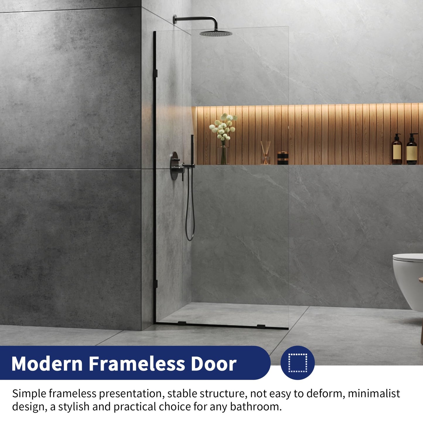 DeerValley 34"×74" Shower Glass Panel, 5/16'' (8mm) Thick Fixed Glass Shower Panel, Frameless Shower Screen for Walk in Shower, Tempered Glass Half Door with Stainless Steel Clamps (Black)