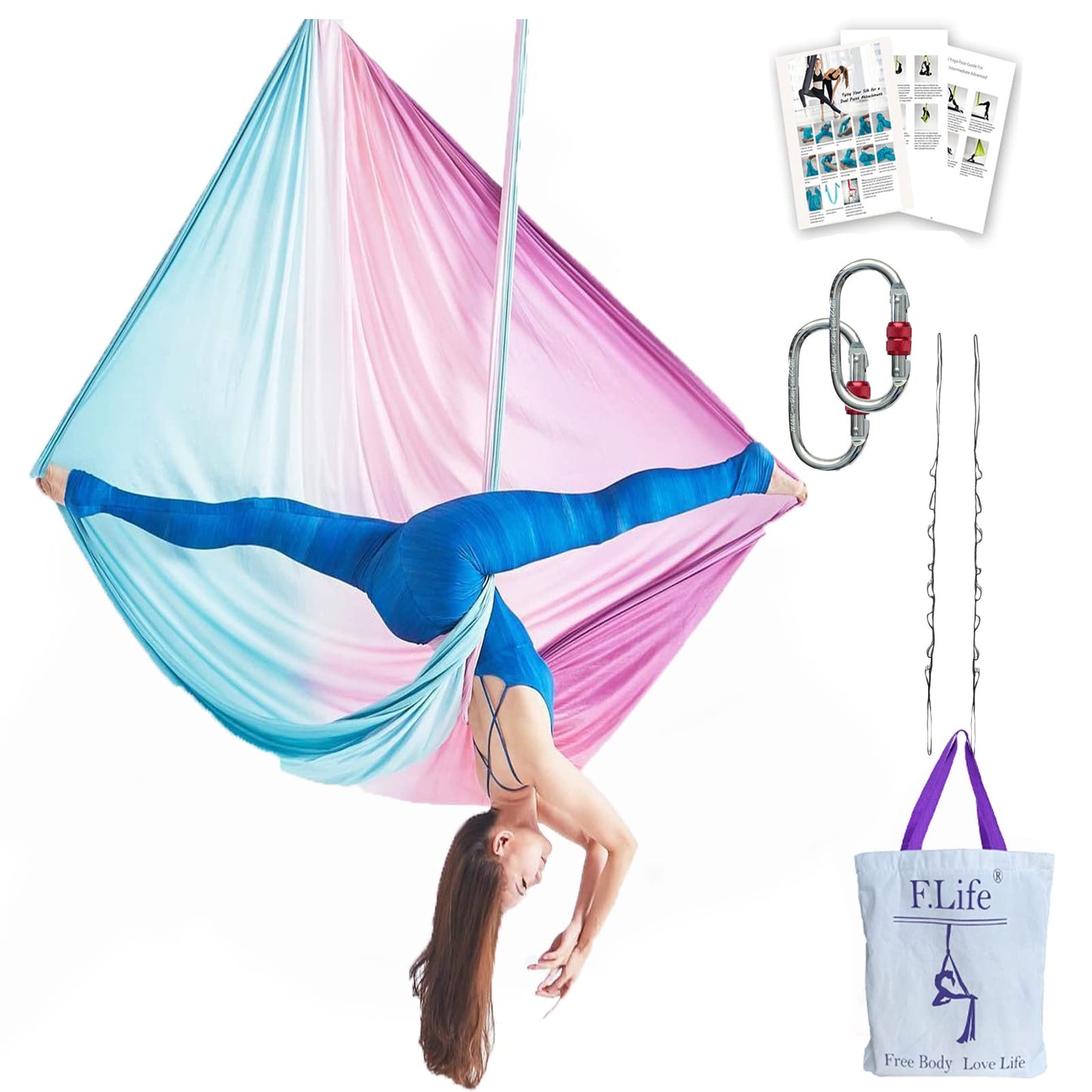 F.Life Aerial Yoga Hammock Silk Swing kit for Antigravity Yoga Inversion Include Daisy Chain,Carabiner and Pose Guide (Fairy Floss Omber)