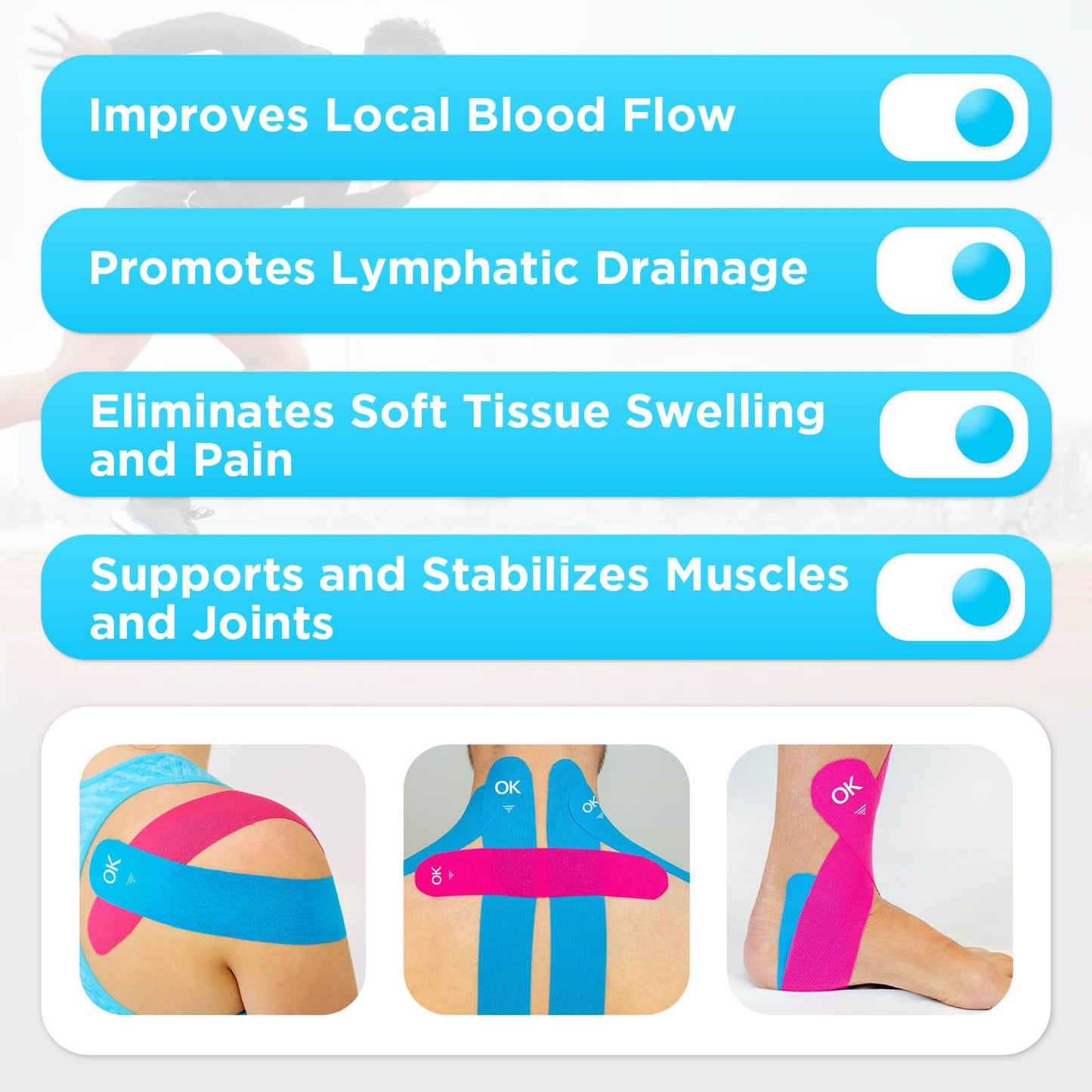 OK TAPE Kinesiology Tape 10 inches Precut, 20 Strips, Cotton Elastic Athletic Tape Latex Free, 2in x 16ft, Light Blue