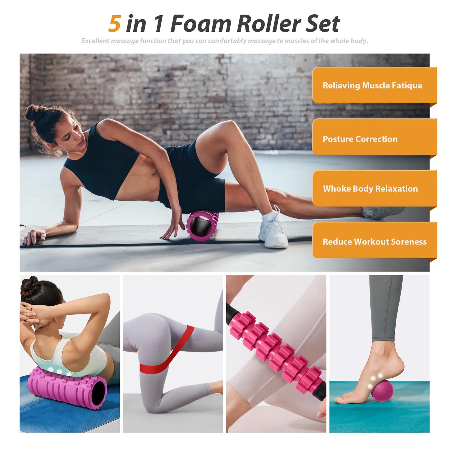 5 in 1 Foam Roller Set for Deep Tissue Muscle Massage, High Density Fitness Exercise Foam Roller, Massage Roller, Massage Ball, Resistance Band, for Whole Body (Pink-Black)