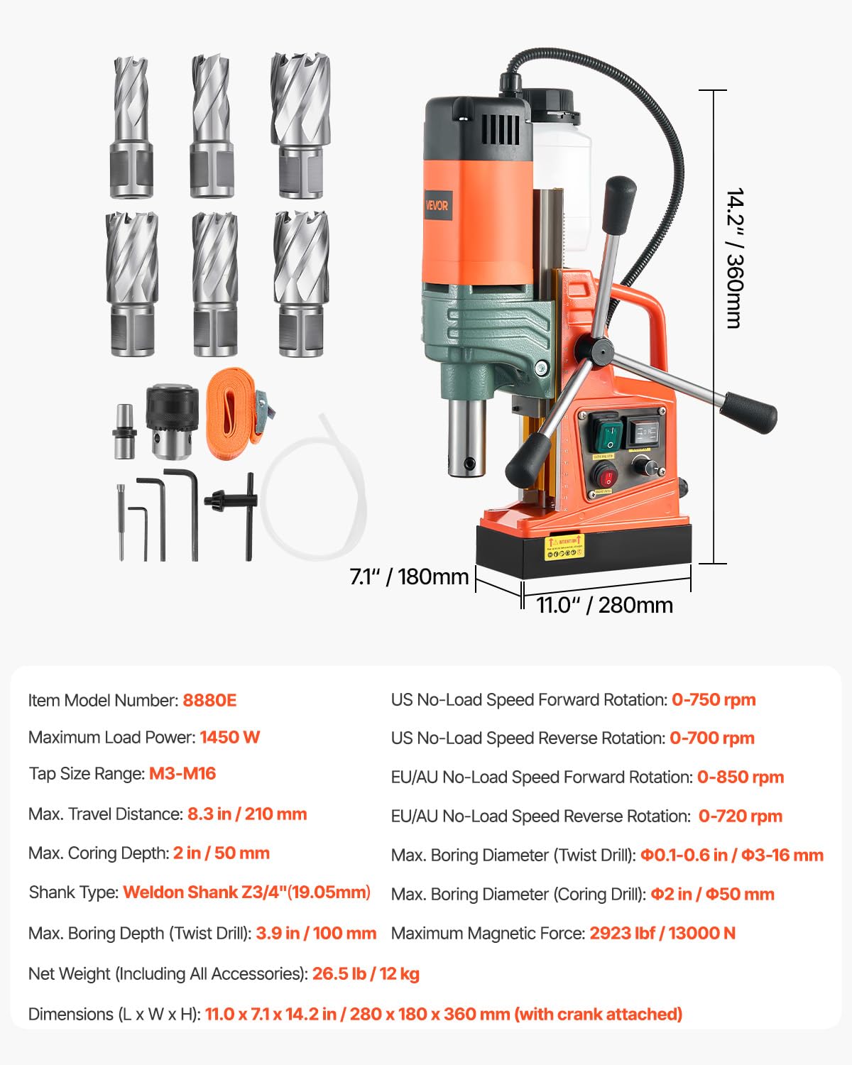 VEVOR 1450W Mag Drill Press, 2" Core Drilling Machine, 2922 lbf Variable Speed Portable Magnetic Drill, Heavy Duty Metal Hole Cutter with 6 Annular Cutters for I-Beam Steel Fabrication & Jobsite