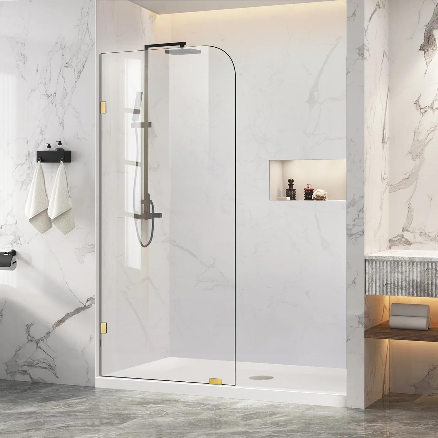 Shower Glass Panel 32" W ×78" H Fixed Frameless Shower Door in Brushed Gold 5/16"(8mm) Thick Clear Tempered Glass Panel with Clamps Bathroom Screen for Walk in Shower