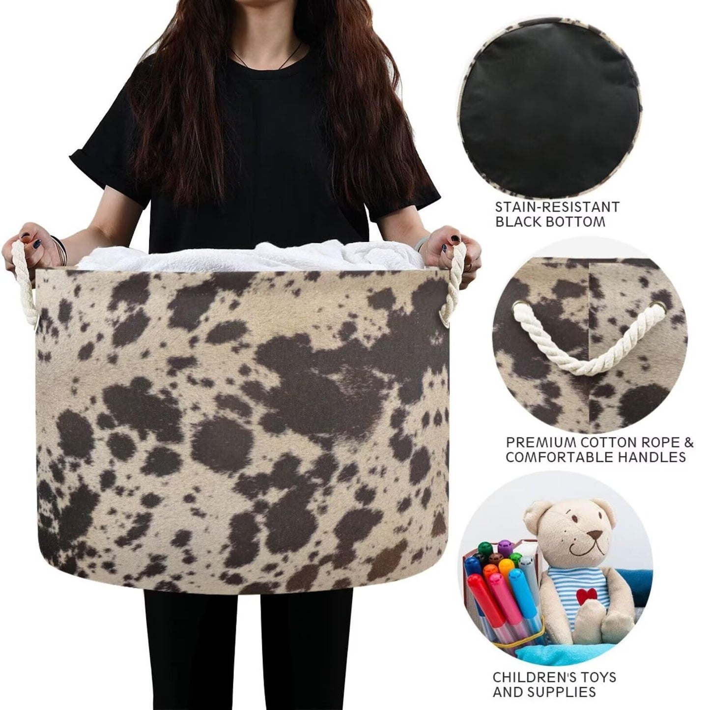 ZRCAIFUGIY Cow Brown Skin Print Round Storage Basket Cowhide Pattern Large Laundry Hamper 20 x 20 x 14 Inches Organizer Bin Blanket Storage Bag for Bedroom Bathroom Nursery Living Room Decoration