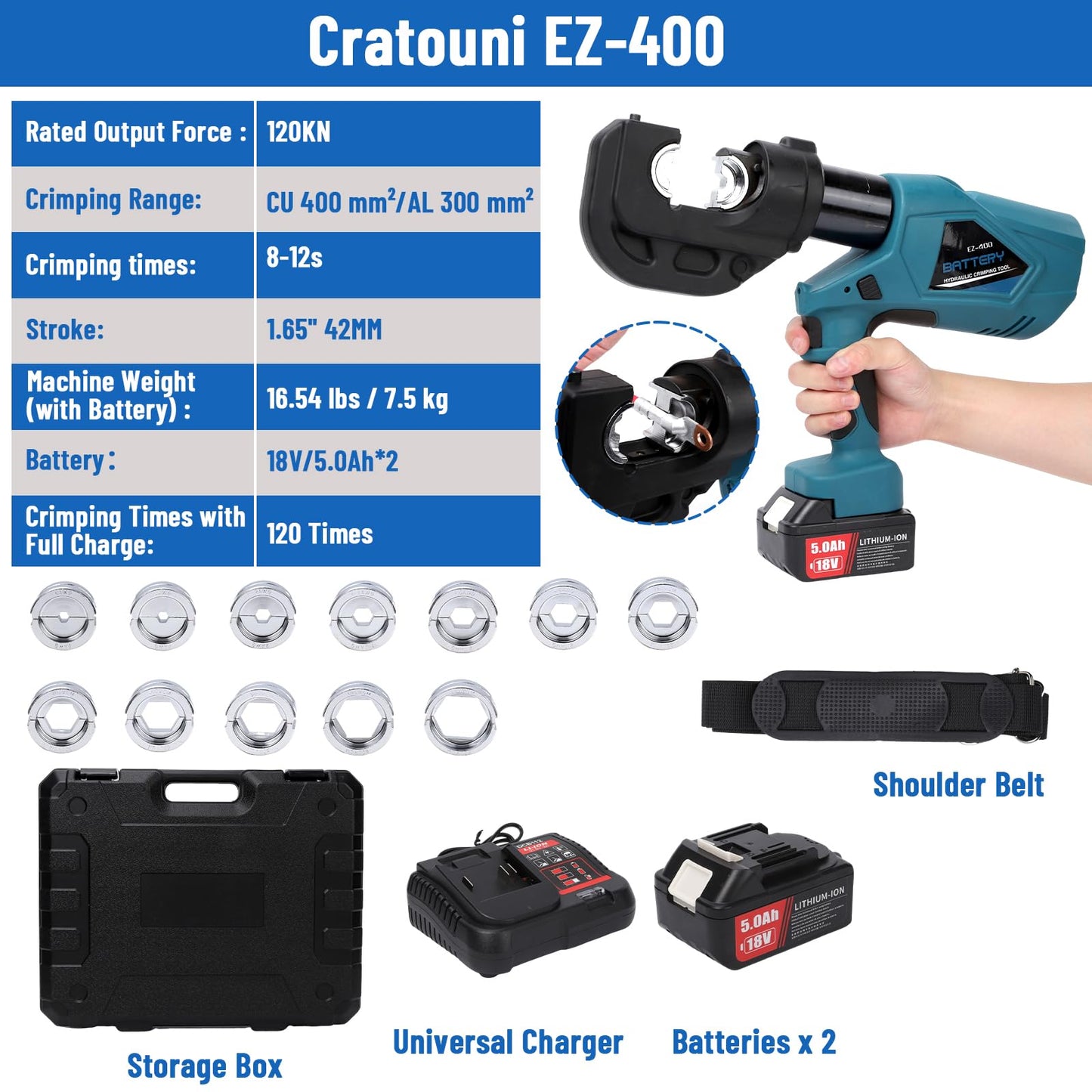 Hydraulic Crimping Tool 12-Ton Cordless Electric Hydraulic Crimper Kit with 12 Dies for 6AWG to 800MCM Copper and Aluminum Wire Terminals