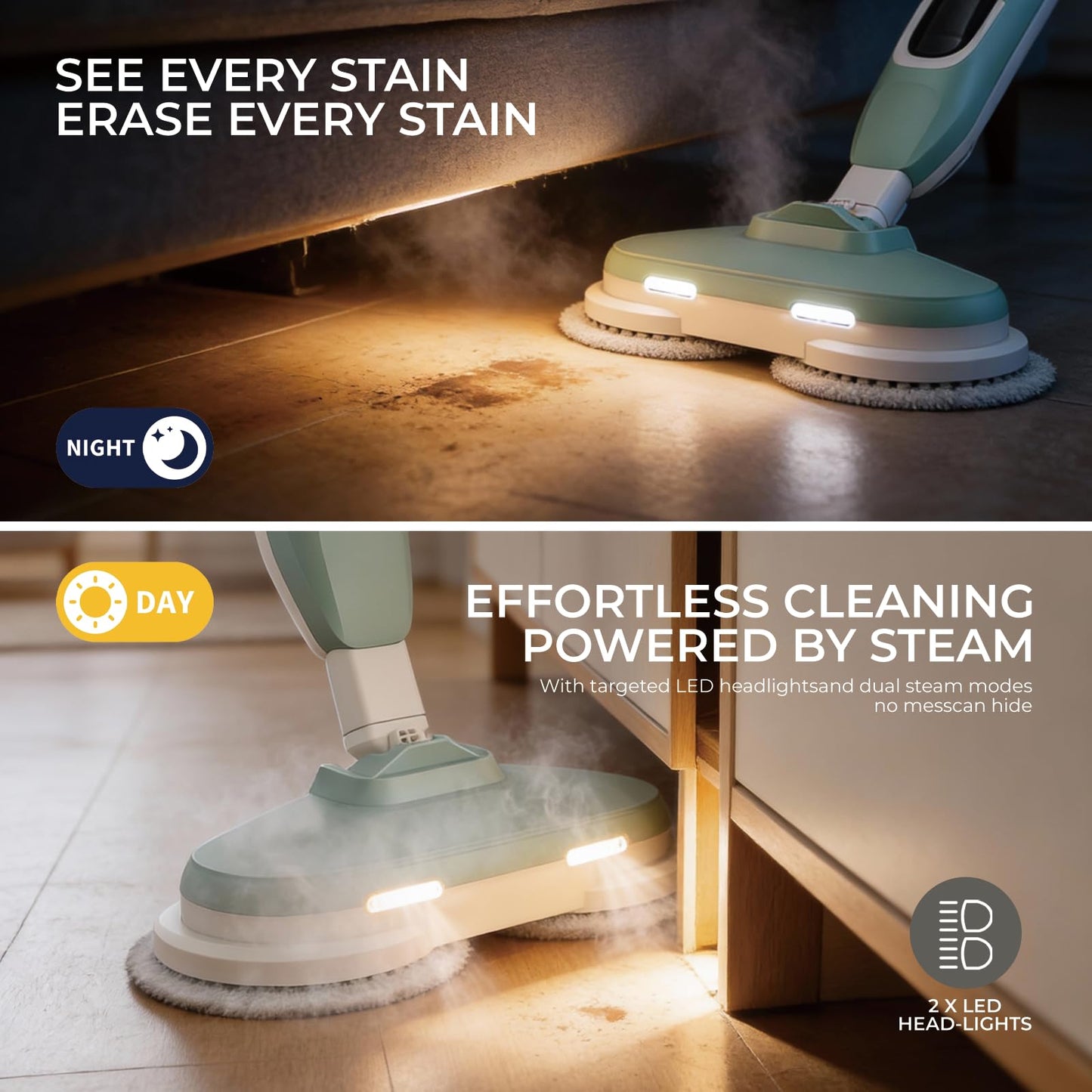 EPROEON Steam Mop, All-in-One Steam and Scrub Hard Floor Cleaner with LED Headlights, 450ml Tank, 4 Soft Pads, Dual Power, Swivel Steering for Hardwood, Tile and Laminate