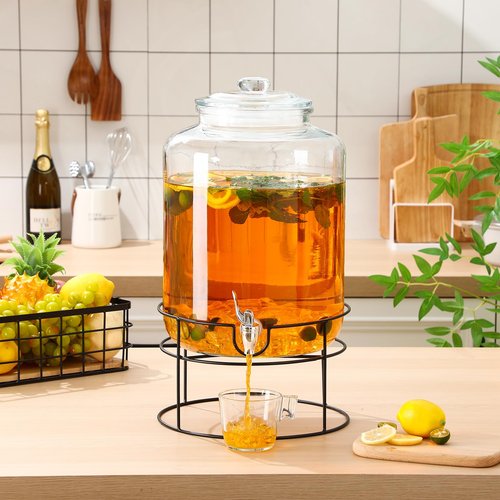 Honeydak 1 Pack 4 Gallon Glass Beverage Dispenser with Stand and Spigot Leakproof Glass Drink Beverage Storage for Valentine's Parties Mason Jar Dispenser with Lids