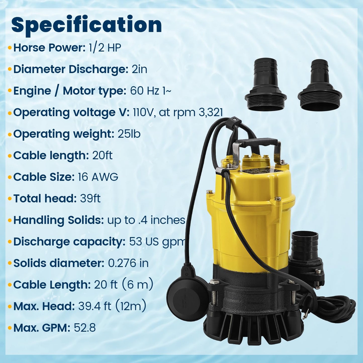 PSTF2 400 5000620435 Submersible Pump with Float Switch 1/2 HP 110V 2'' Dewatering Pump Effluent Pump Replacement for Wacker Neuson for Pool Basement Outdoor Pond Draining