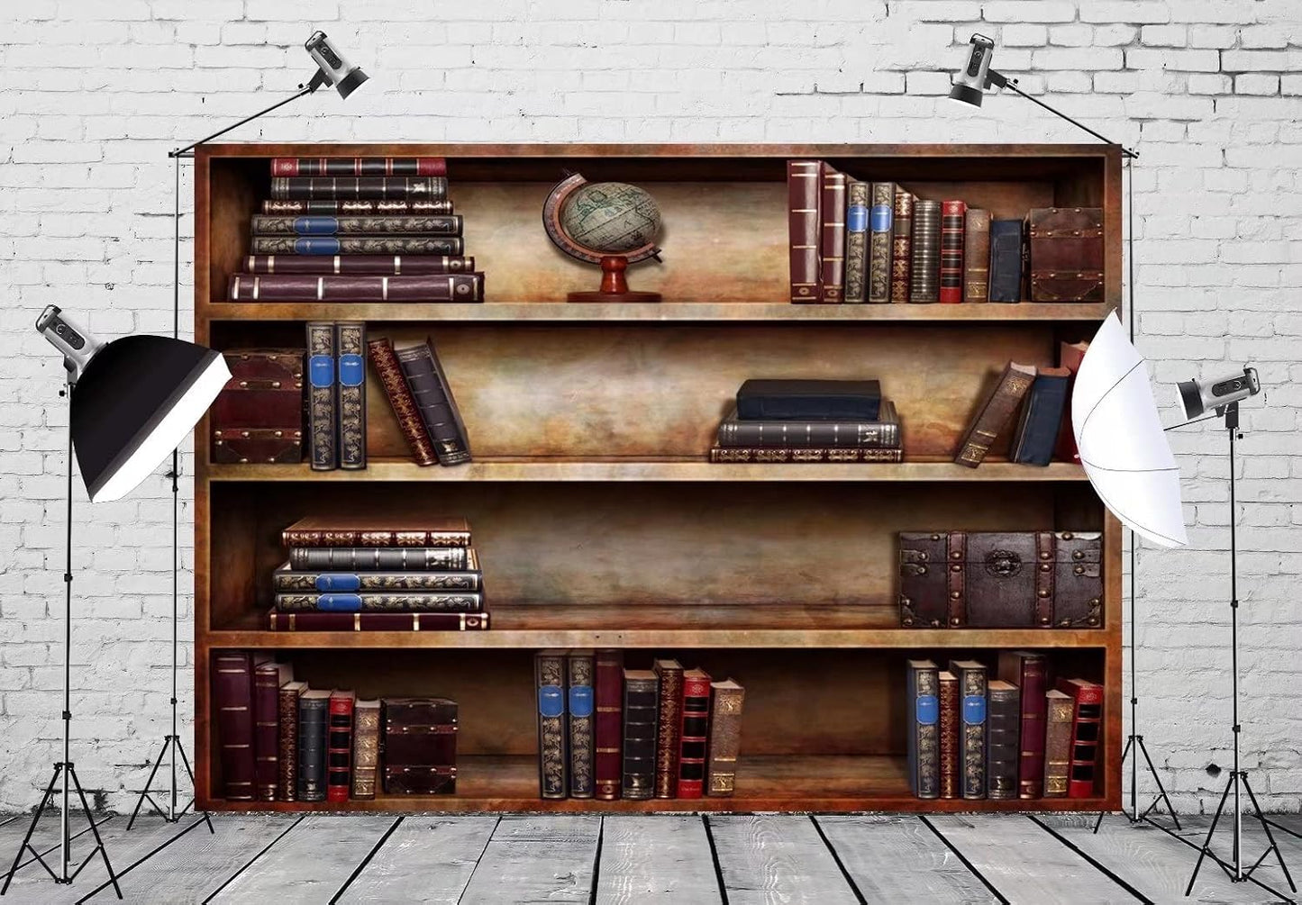 BELECO 7x5ft Fabric Old Bookshelf Backdrop Brown Wooden Bookcase Hardcover Books Globe Background Students Teachers