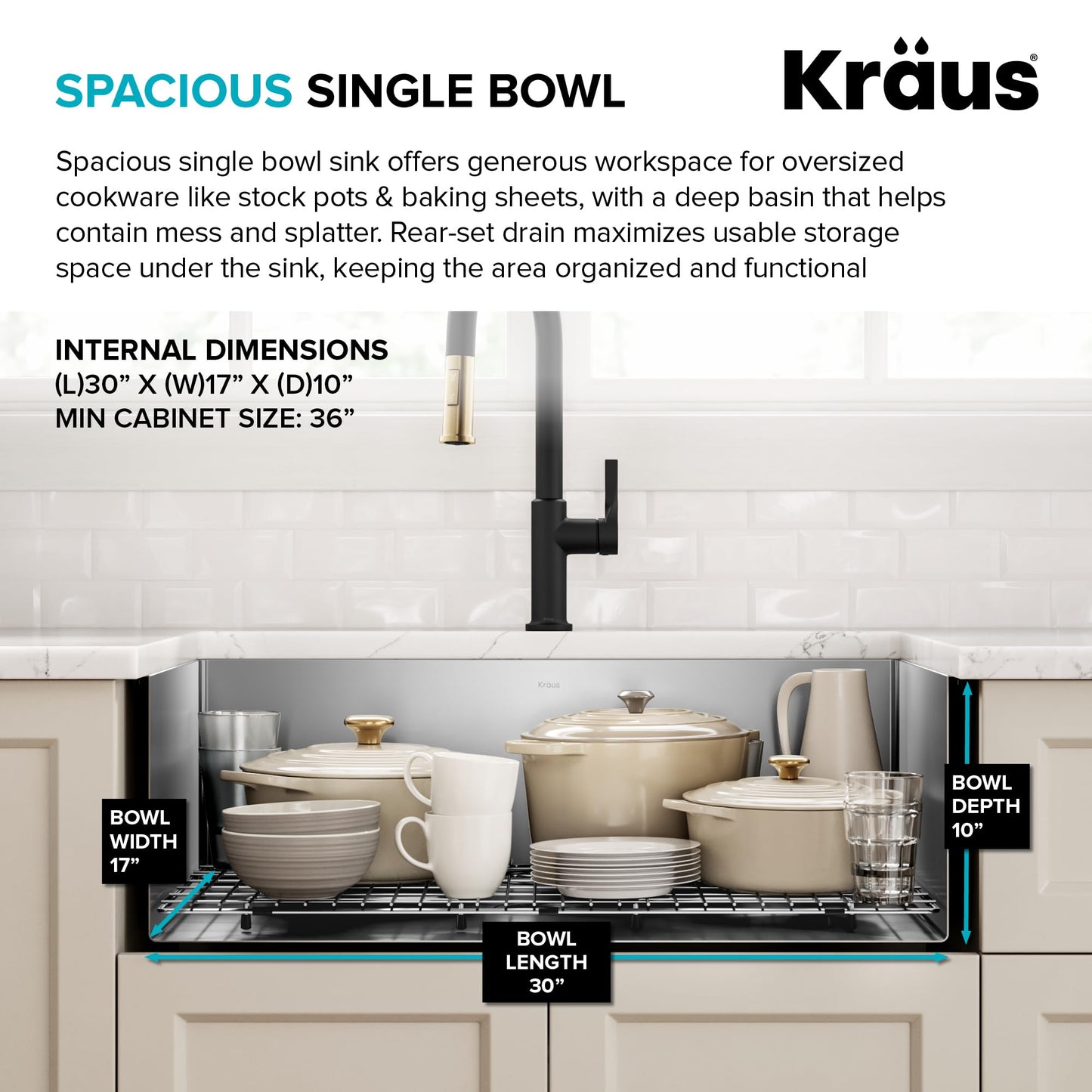 Kraus KHU100-32 Standart PRO 16 Gauge Undermount Single Bowl Stainless Steel Kitchen Sink, 32 Inch