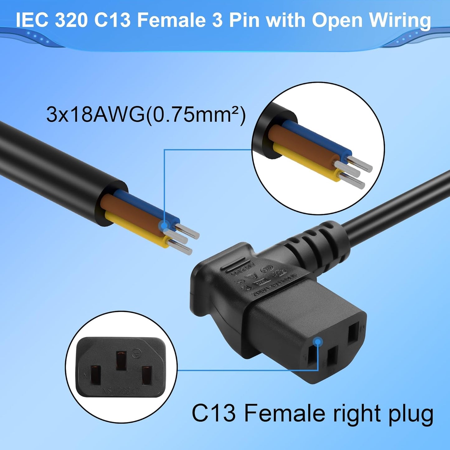 CERRXIAN 3.93FT 320 C13 3 18AWG C13 (C13 IEC Female Pin with Open Wiring Stripped, to Bare Wire Power Supply Heavy Duty