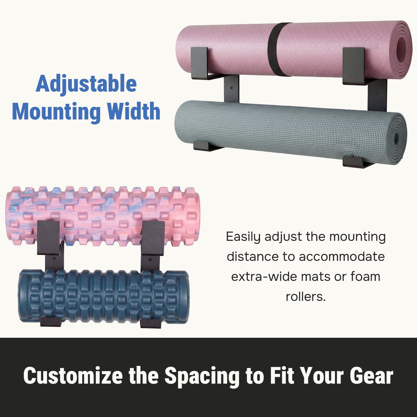 RoakyRoasy Yoga Mat Holder with Protective Padding Wall Mount Steel Storage Rack, 2 Tier Adjustable Width Hanger for up to 4 Foam Rollers, Easy Installation