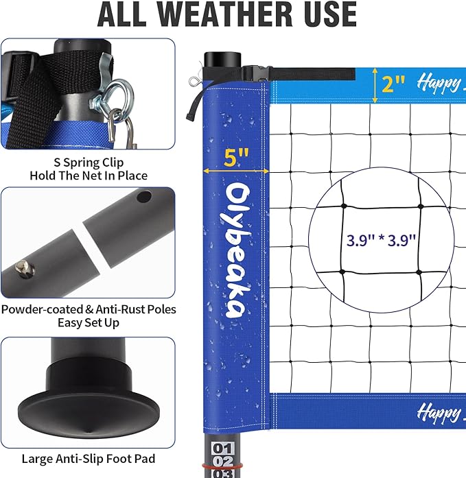 Outdoor Portable Volleyball Net Set for Backyard Beach with Adjustable Heavy Duty Poles, Durable Net, PU Volleyball & Pump, Carry Bag