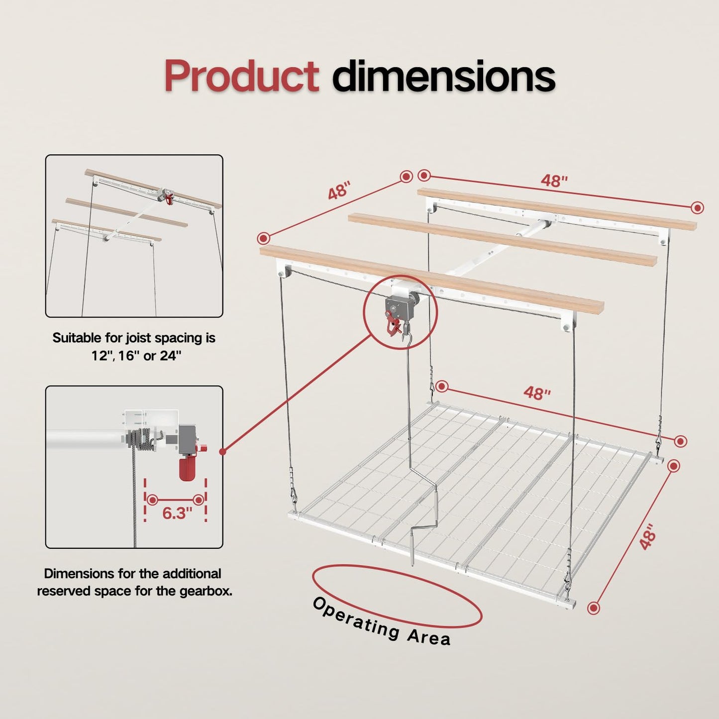 KOKORACKER Overhead Garage Storage Rack, Adjustable Heavy-duty 4x4 Ft Ceiling Storage Racks with Safety Lock, Ideal for Garage Storage Lifting Organization System, 250lbs Capacity, White