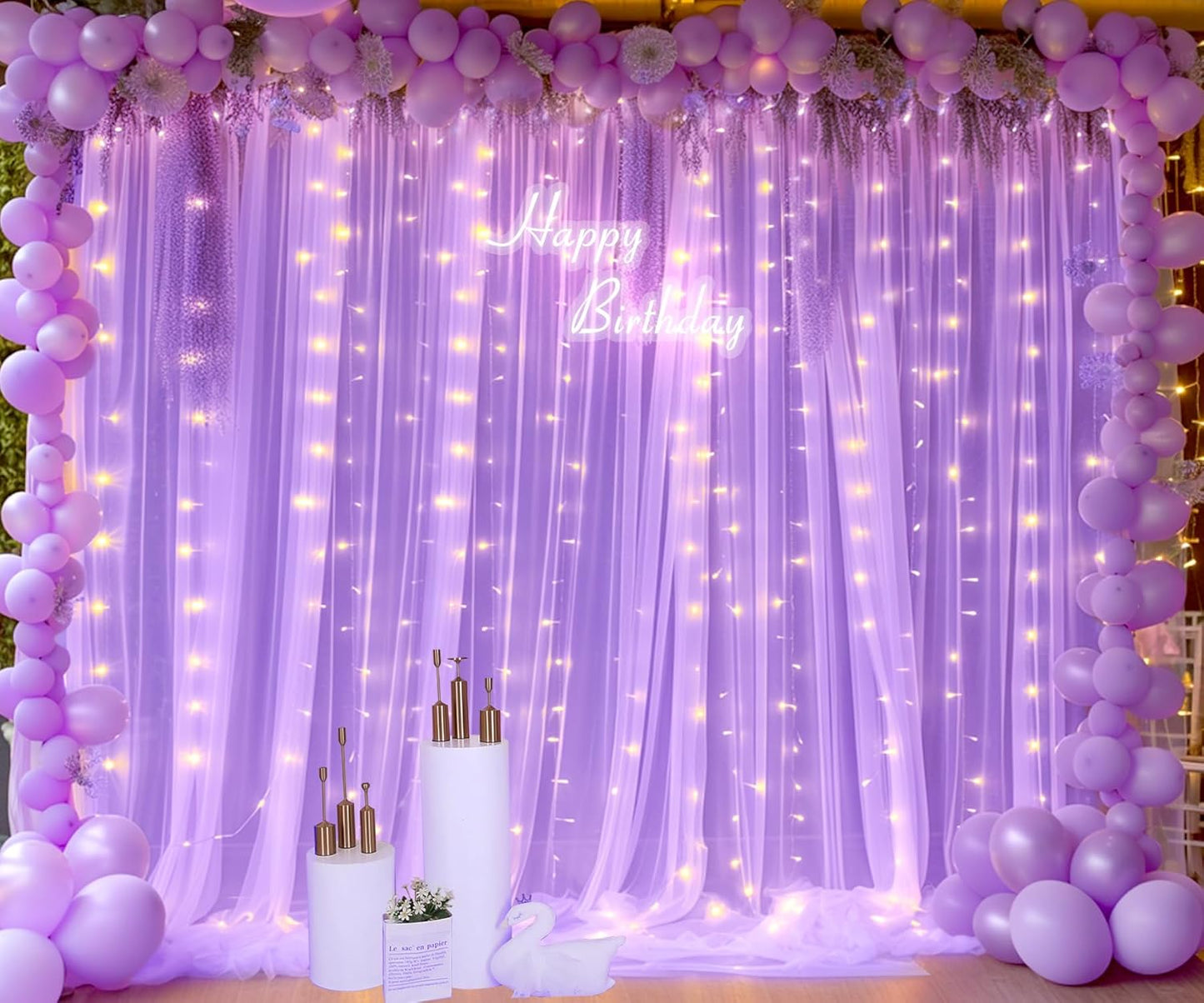 Suppromo 10ft 8ft Lavender Tulle Backdrop Curtain with Led Lights for Wedding Baby Shower Girls X Lilac Lavender Sheer