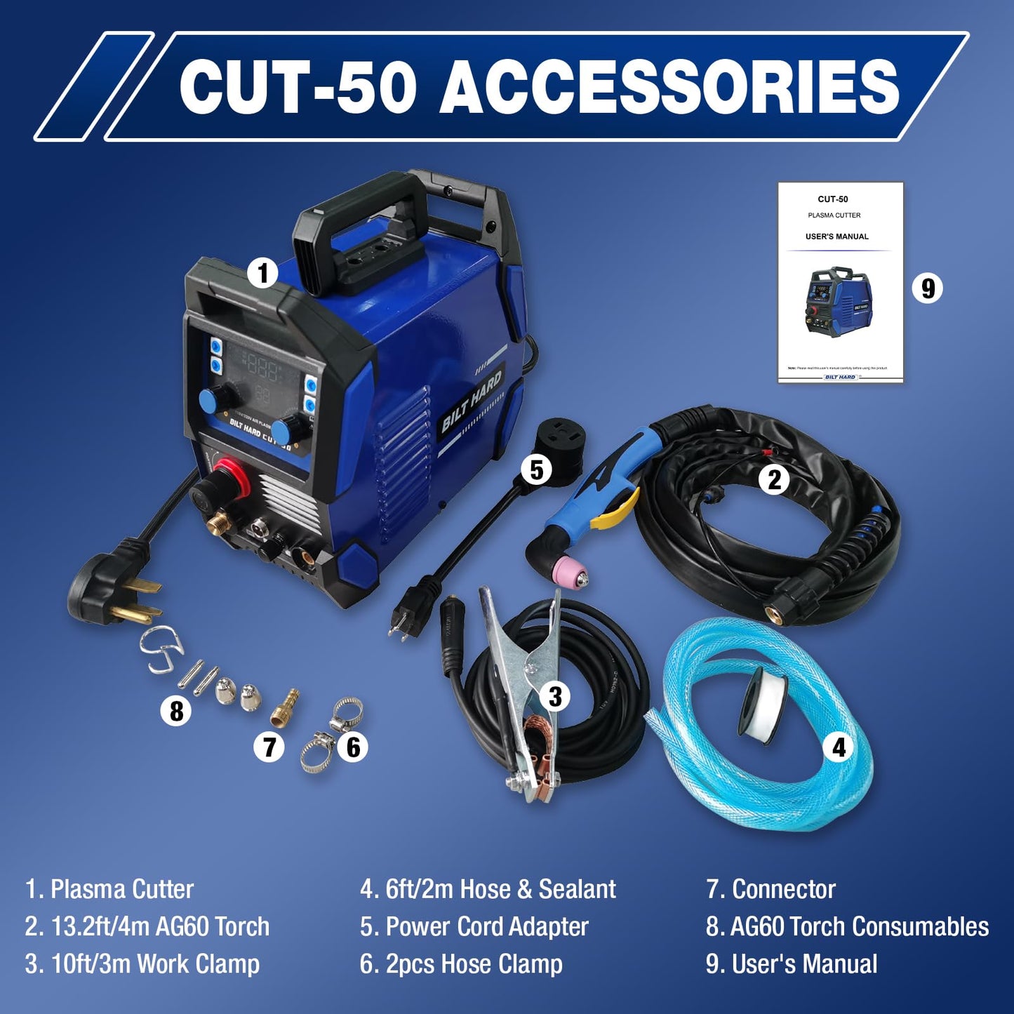 BILT HARD Plasma Cutter, 50A Plasma Cutting Equipment, Non Touch Pilot Arc, 110V/220V Dual Voltage, Digital Display Screen, DC Inverter IGBT Plasma Cutter Machine for Beginners