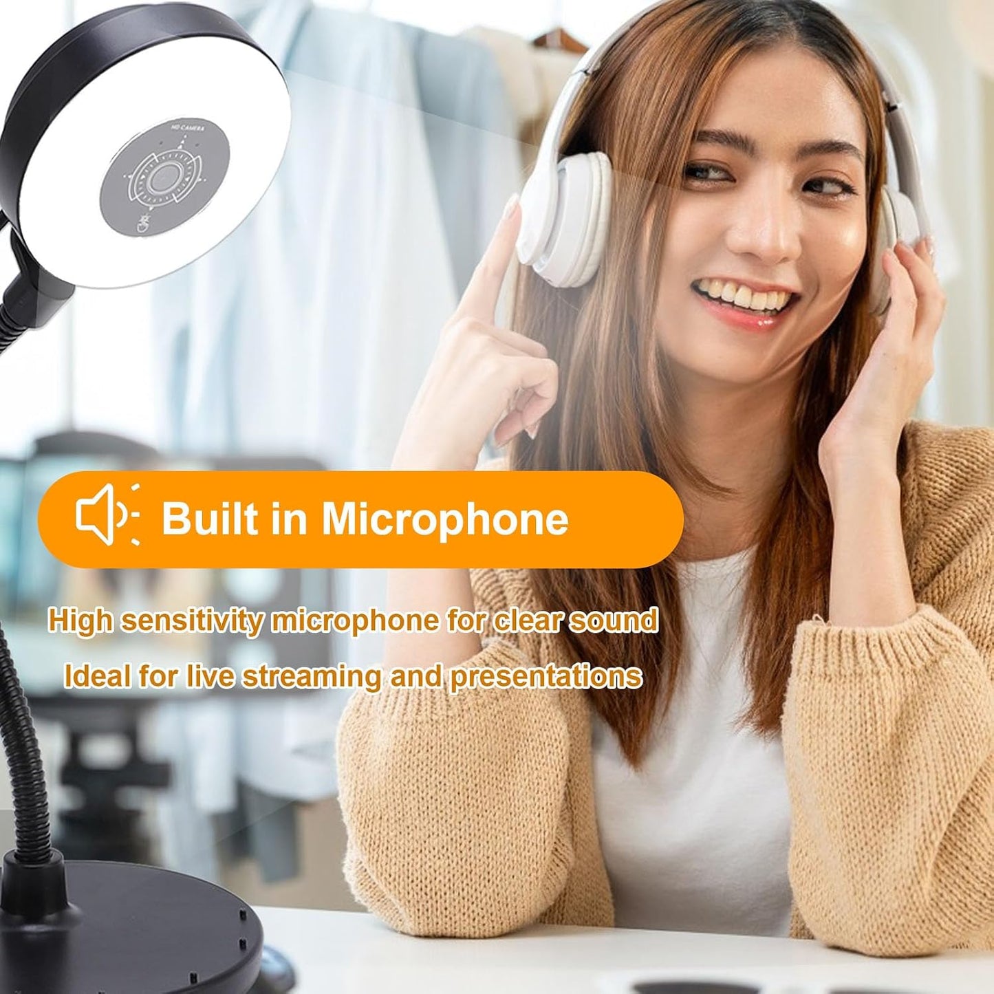 SASKATE 5MP Webcam with Fill Light Built in Mic AF Touch Control, Auto Focus USB Web Cam Bendable Rod, for Online
