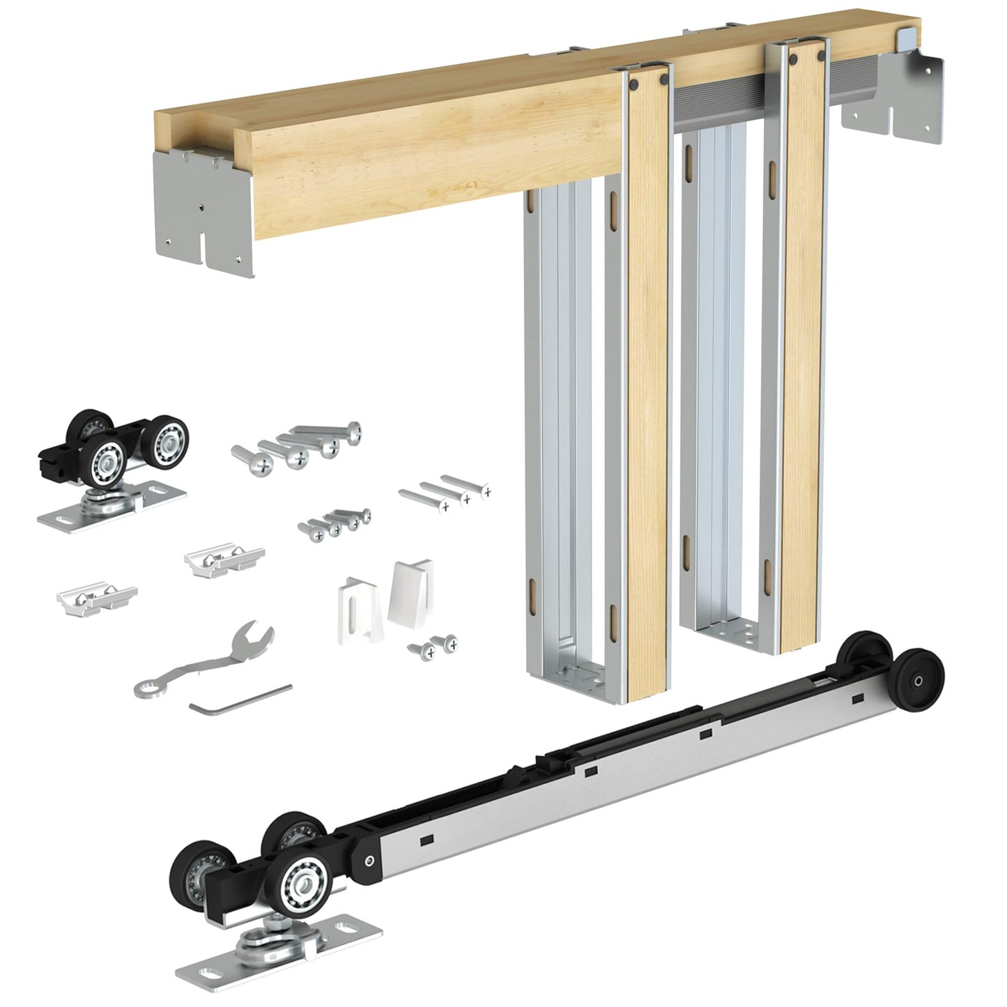 JUBEST 32"x80" Pocket Door Frame Kit with 88LBS Two-Way Soft-Close Mechanism, Easy to Install Hidden Door Kit, Smoothly and Quietly