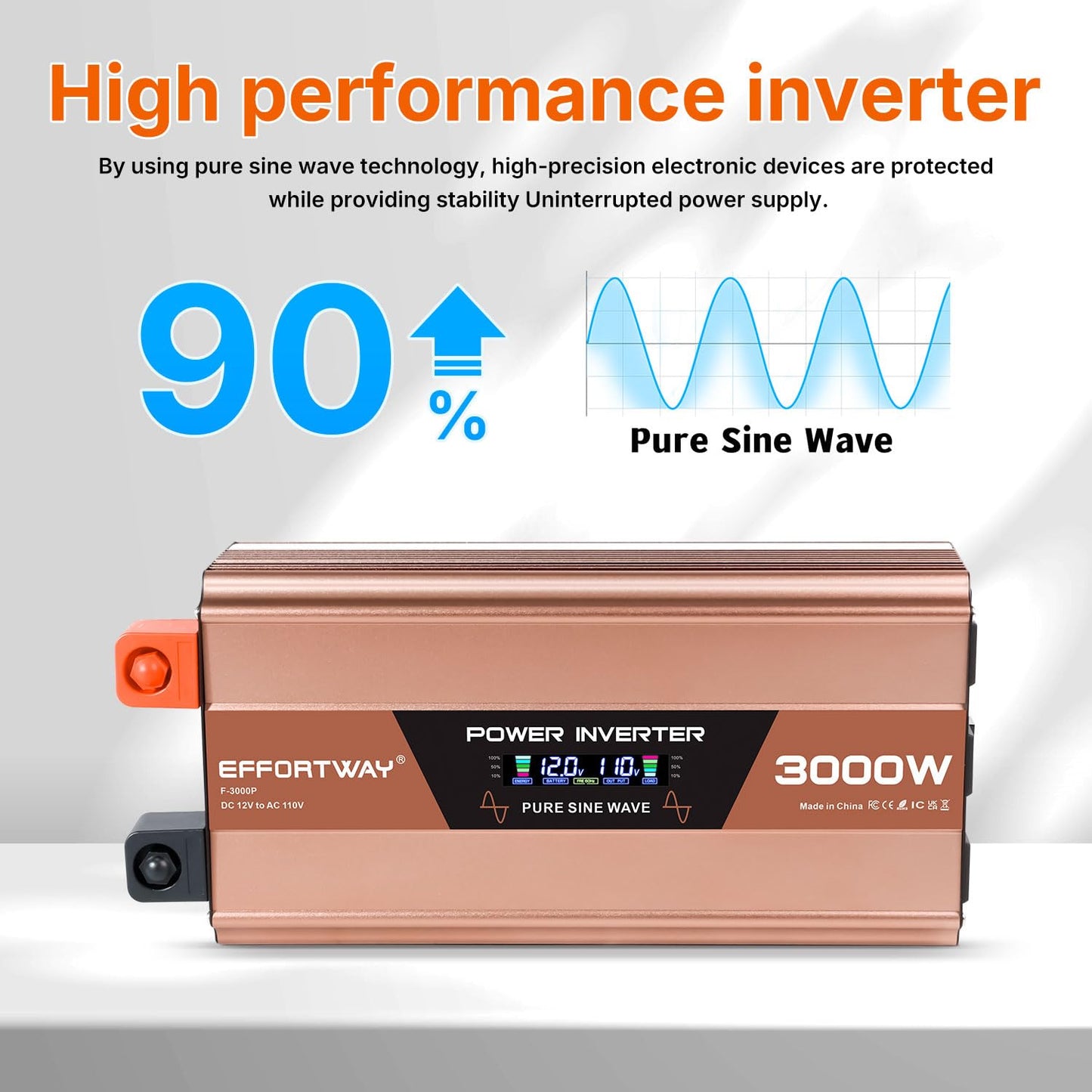 EFFORTWAY 3000W Pure Sine Wave Inverter, Inverter 12V DC to 110V/120V AC for RV, Outdoor, Home, Off-Grid, Inverter with 3 AC Outlet, Dual 20W USB-C, Dual 20W USB-A, Remote Controller