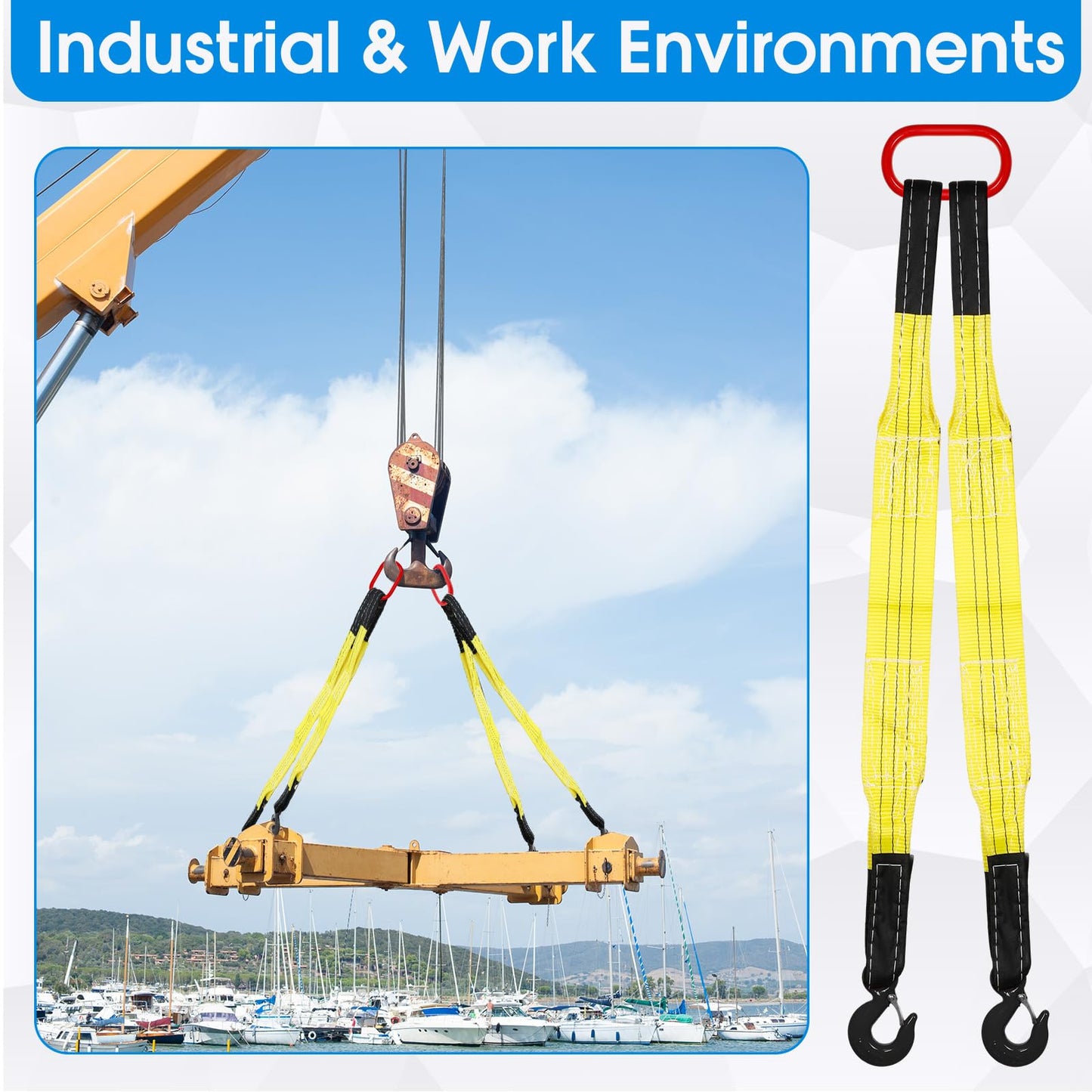 Maasechs 2 Pack Lifting Slings Straps with Hooks Web Slings Capacity Polyester Bridle Sling Heavy Duty Two Leg Lifting Straps for Engines Cranes Hoists Truck (3.3ft,Yellow)