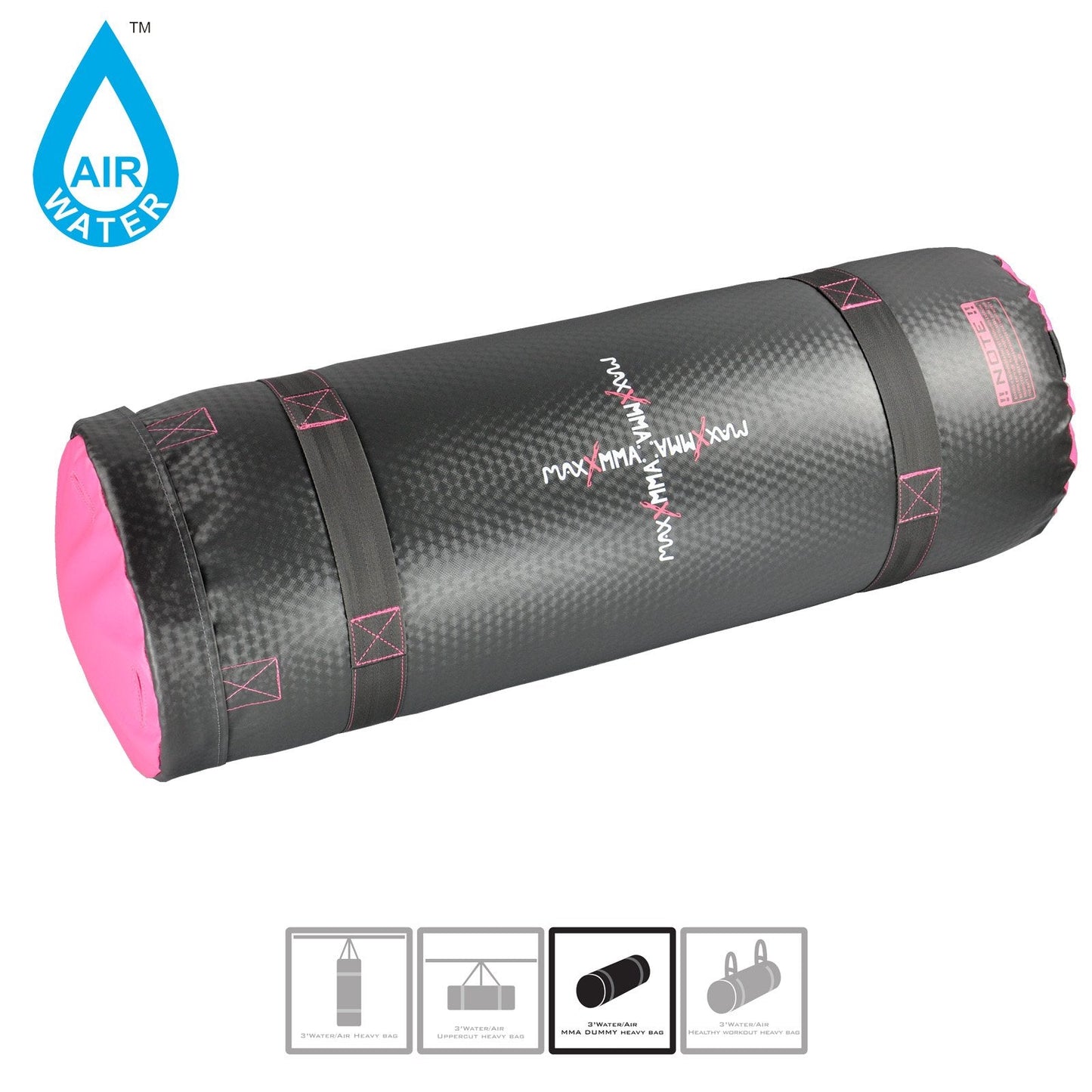 MaxxMMA 3 ft 4-in-1 Water/Air Heavy Bag | Training & Fitness, Uppercut Workout, MMA Grappling, Punching Bag (Grey/Pink)