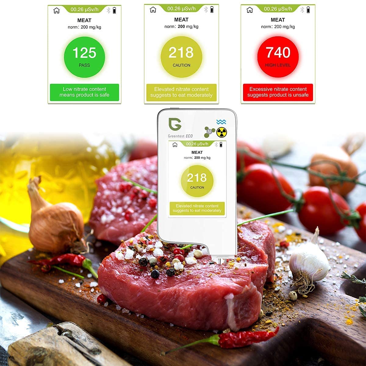Greennovo Instant Read Screen Touch Meat,Fruit,Vegetable Nitrate Tester Water Meter TDS PPM Analyzer & Geiger Counter Combo for Food (White)