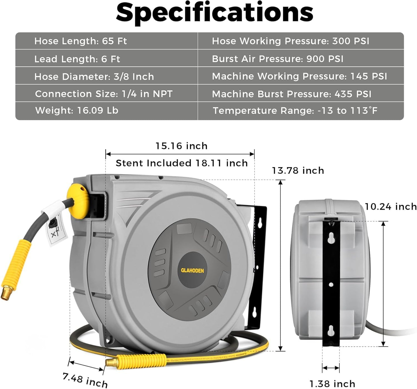 GLAHODEN Enclosed Retractable Air Hose Reel, 3/8 in x 65 Ft Hybrid Hose Air Compressor Hose Reel with 6 Ft Lead in Max 300 PSI Patented Design for Any Length Lock 180°Swivel Bracket Quick Coupler
