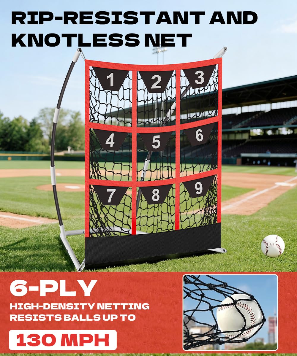 Queension 9 Hole Pitching Target Net with Strike Zone, Baseball Batting Net with Target Pockets, Pitching Net with Ground Stakes and Sandbags for Baseball Training, White
