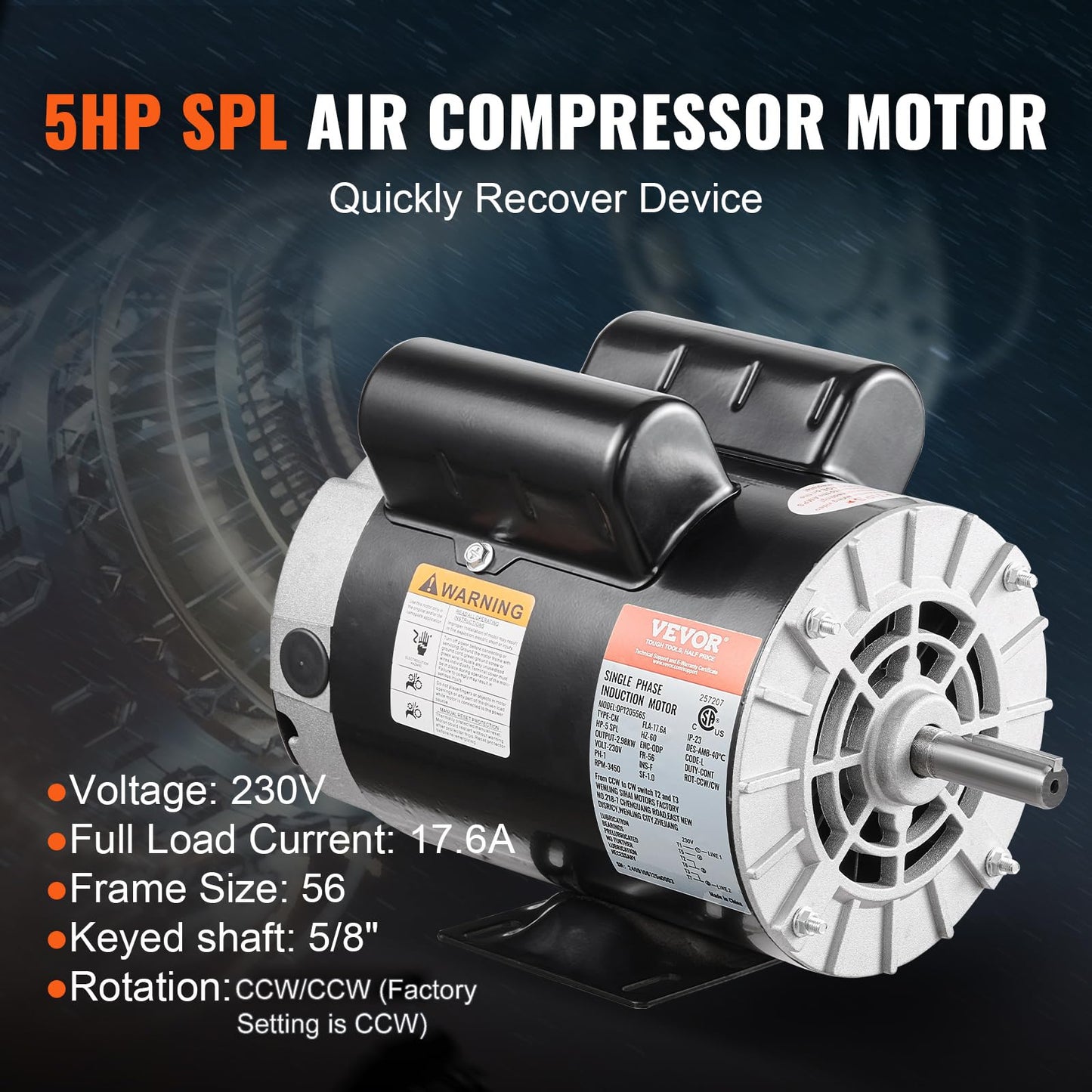 VEVOR 5HP SPL Air Compressor Electric Motor, 230V 17.6Amps, 56 Frame 3450RPM, 5/8" Keyed Shaft, 1.88" Shaft Length, Single Phase, CW/CCW Rotation (Factory Setting is CCW)