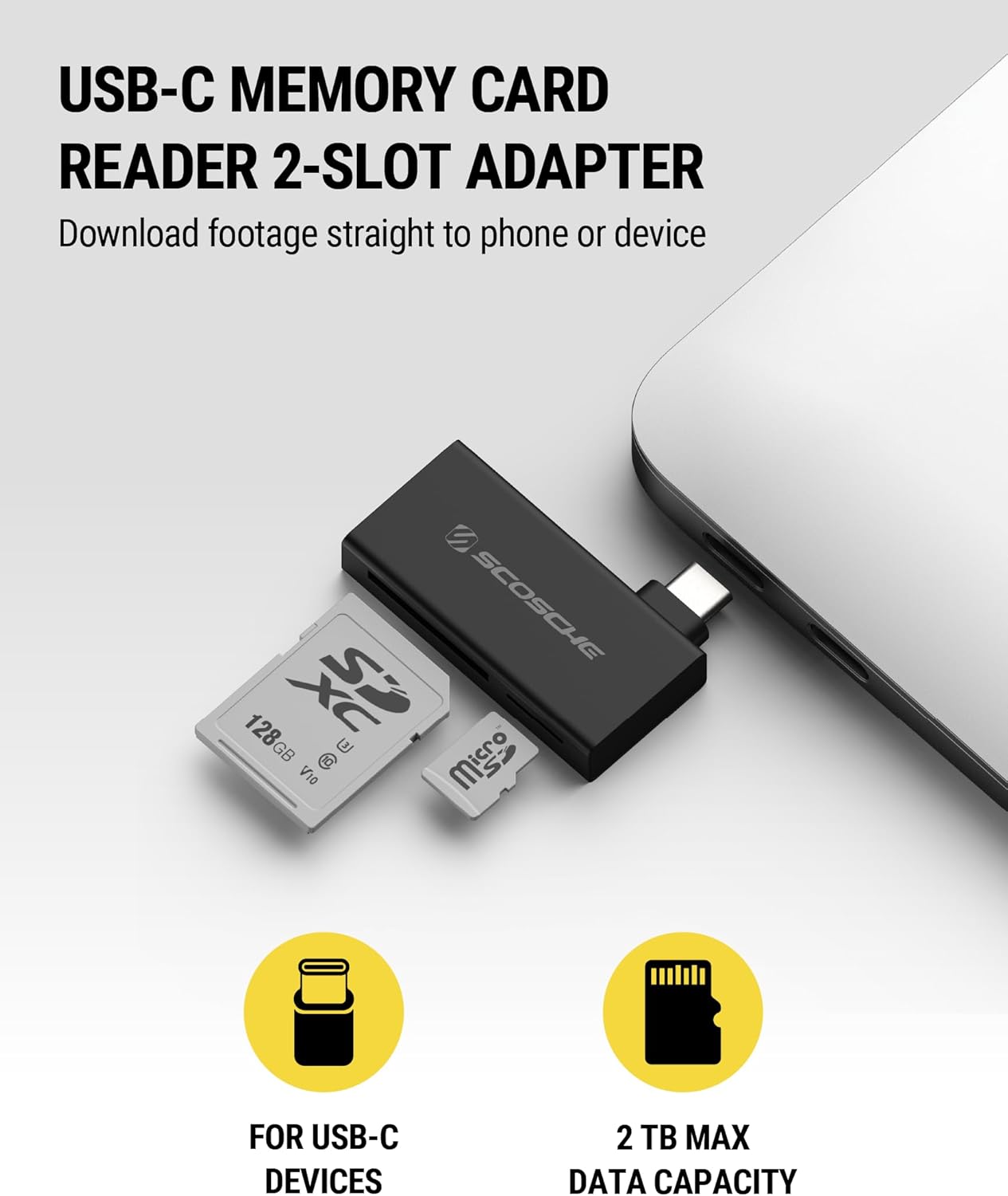 MCRA2 RS-MMC 2-in-1 16, Scosche Dual Slot Memory Card Adapter for SD/Micro SD, SDHC, SDXC and Cards, High Speed USB-C